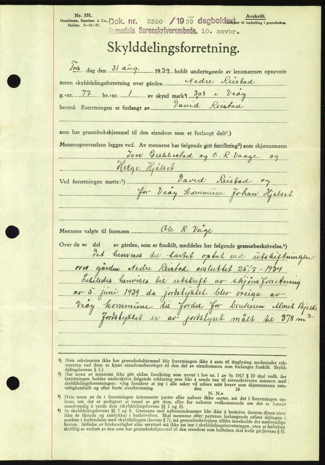 Romsdal sorenskriveri, AV/SAT-A-4149/1/2/2C: Pantebok nr. A7, 1939-1939, Dagboknr: 2350/1939