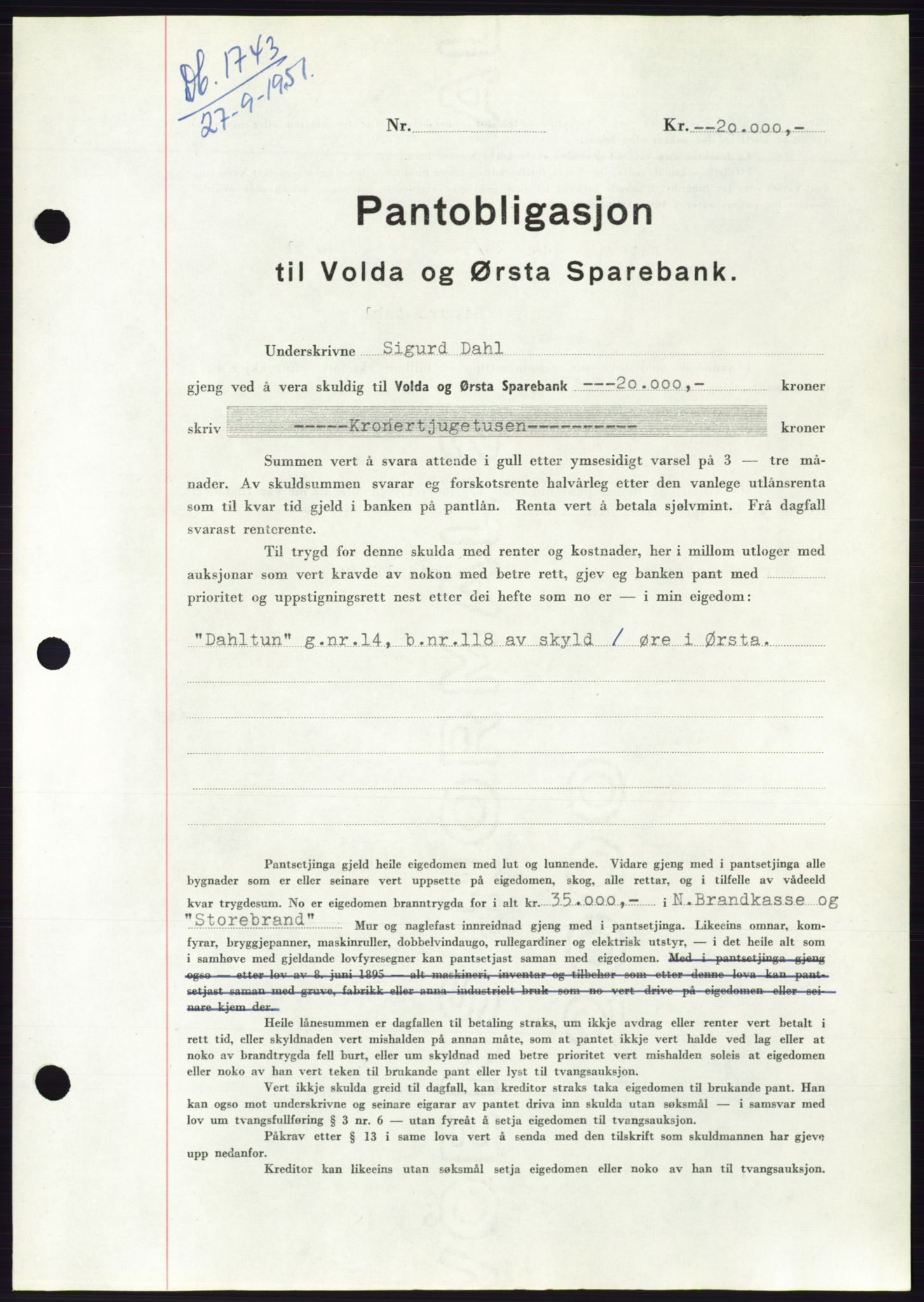 Søre Sunnmøre sorenskriveri, AV/SAT-A-4122/1/2/2C/L0120: Pantebok nr. 8B, 1951-1951, Dagboknr: 1743/1951