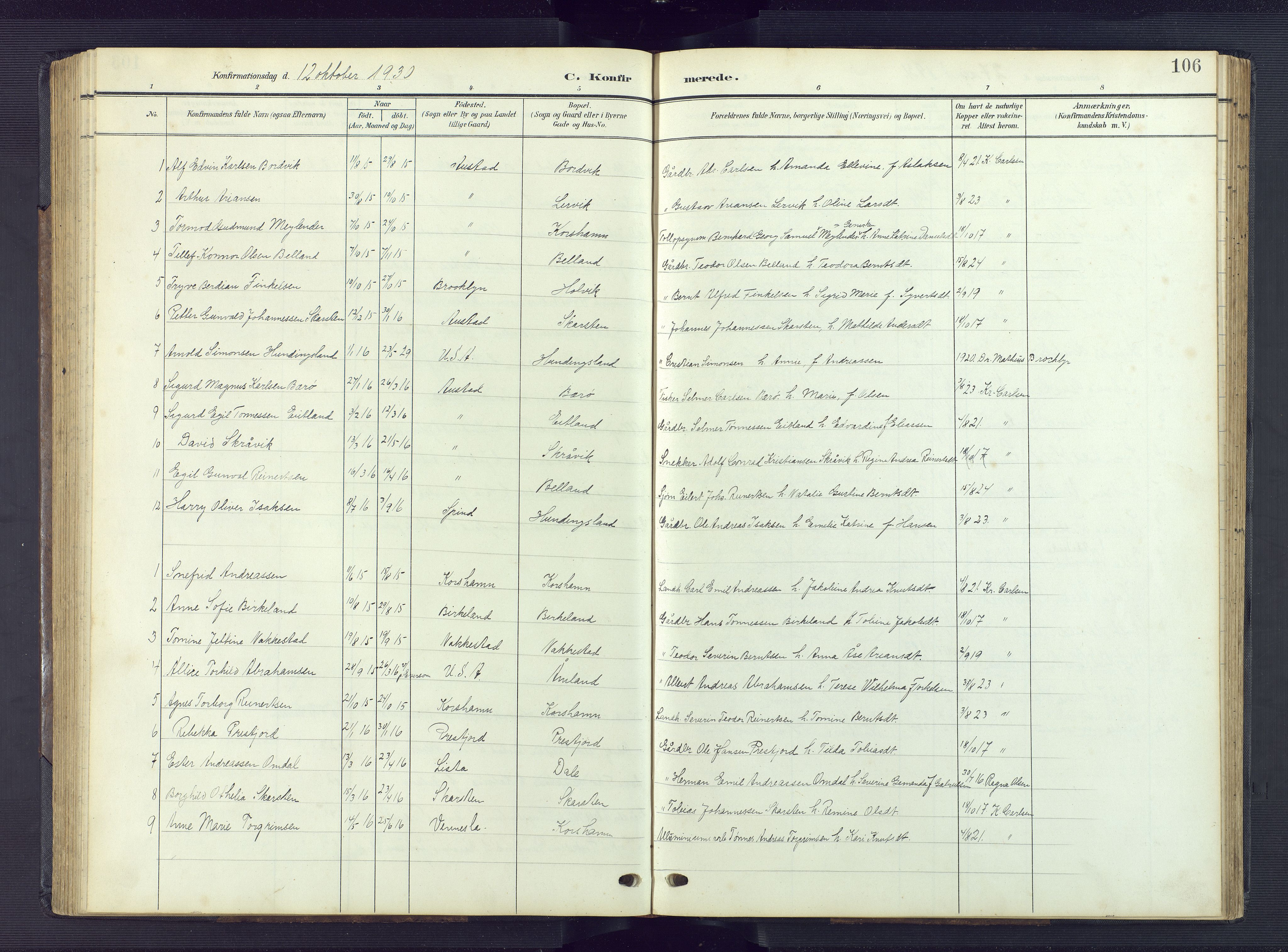 Lyngdal sokneprestkontor, AV/SAK-1111-0029/F/Fb/Fba/L0004: Klokkerbok nr. B 4, 1904-1950, s. 106