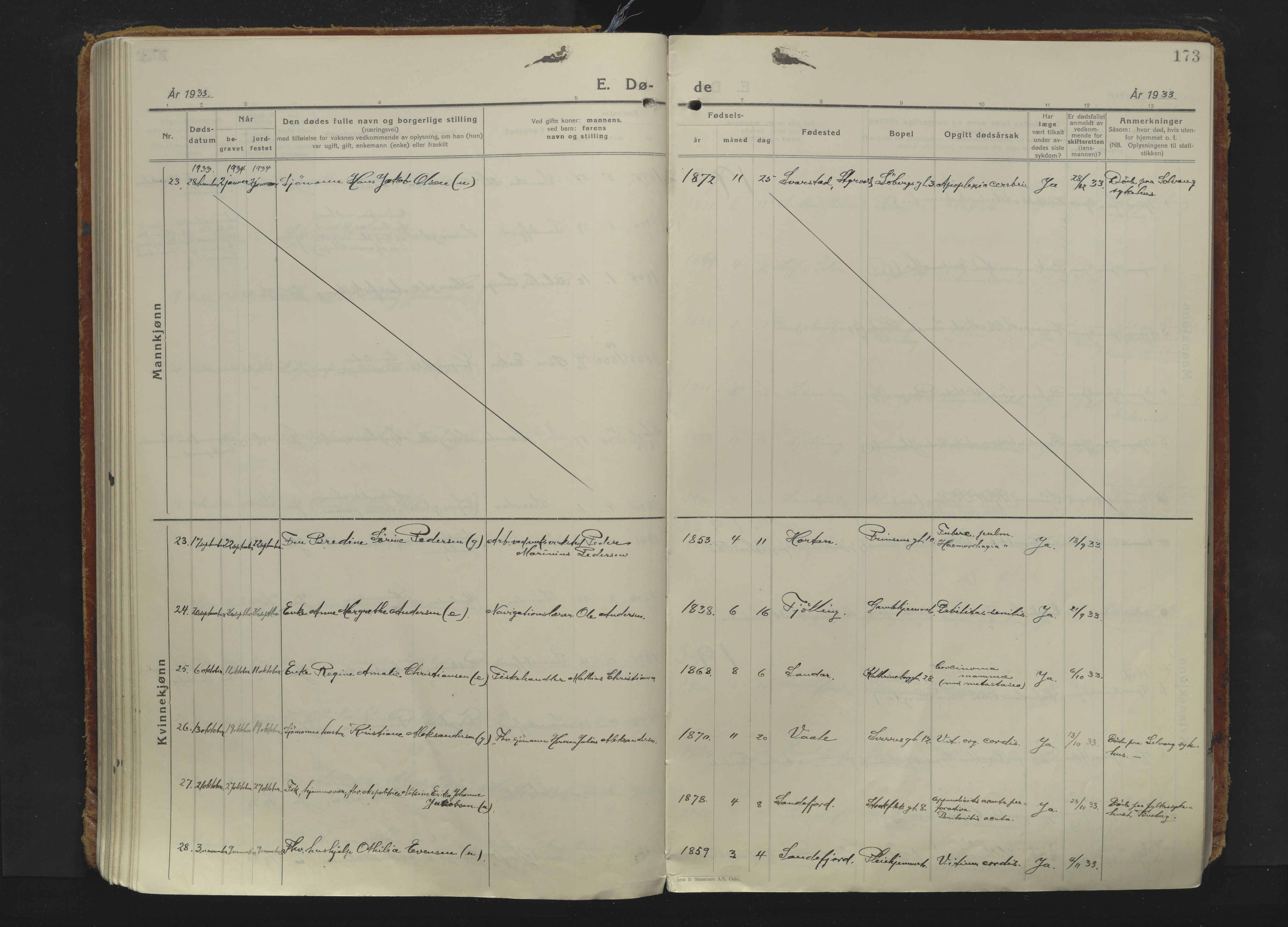 Sandefjord kirkebøker, AV/SAKO-A-315/F/Fa/L0009: Ministerialbok nr. 9, 1926-1945, s. 173