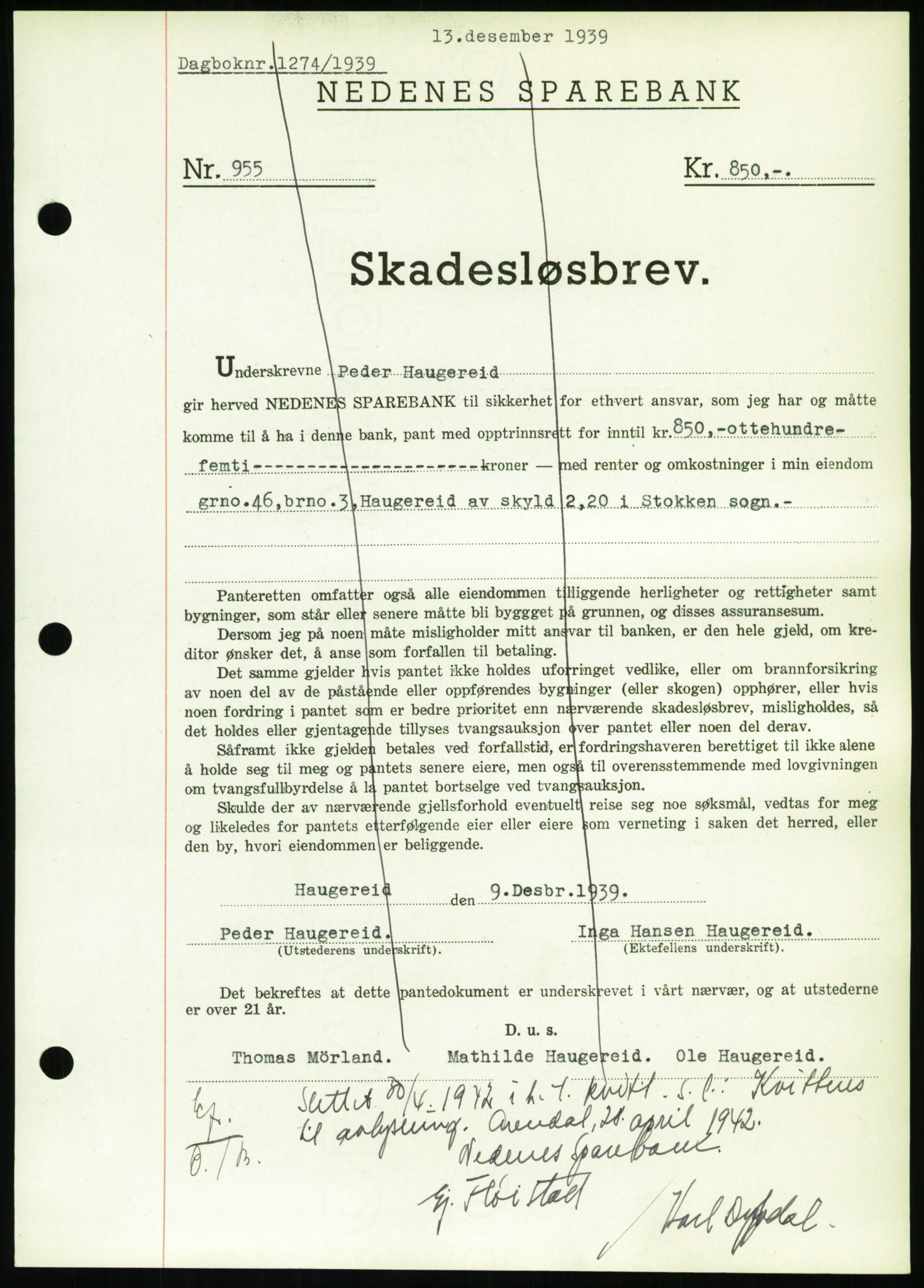 Nedenes sorenskriveri, SAK/1221-0006/G/Gb/Gbb/L0001: Pantebok nr. I, 1939-1942, Dagboknr: 1274/1939