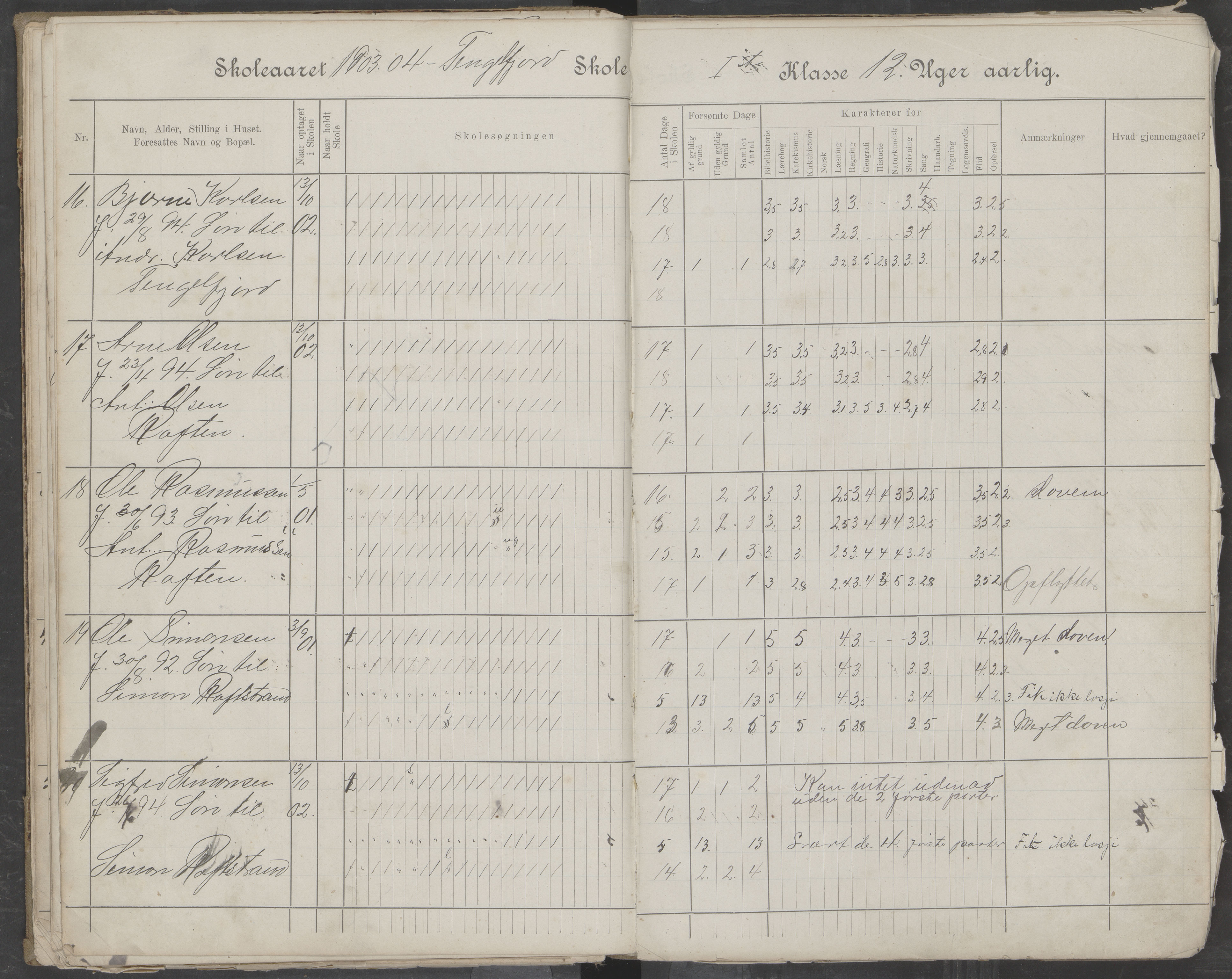 Hadsel kommune. Tengelfjord skolekrets, AIN/K-18660.510.04/G/L0001: Skoleprotokoll for Tengelfjord skole, 1899-1908