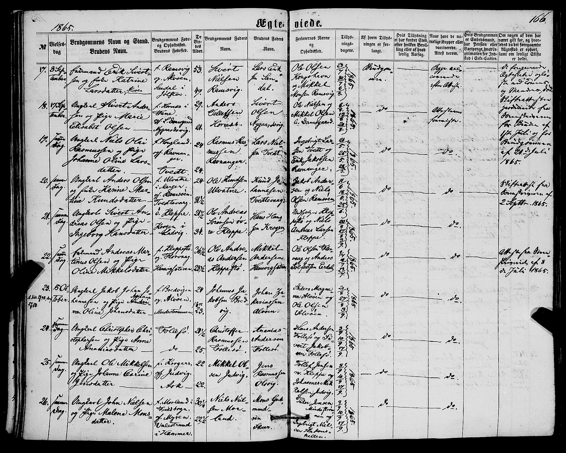Askøy Sokneprestembete, AV/SAB-A-74101/H/Ha/Haa/Haaa/L0009: Ministerialbok nr. A 9, 1863-1877, s. 166