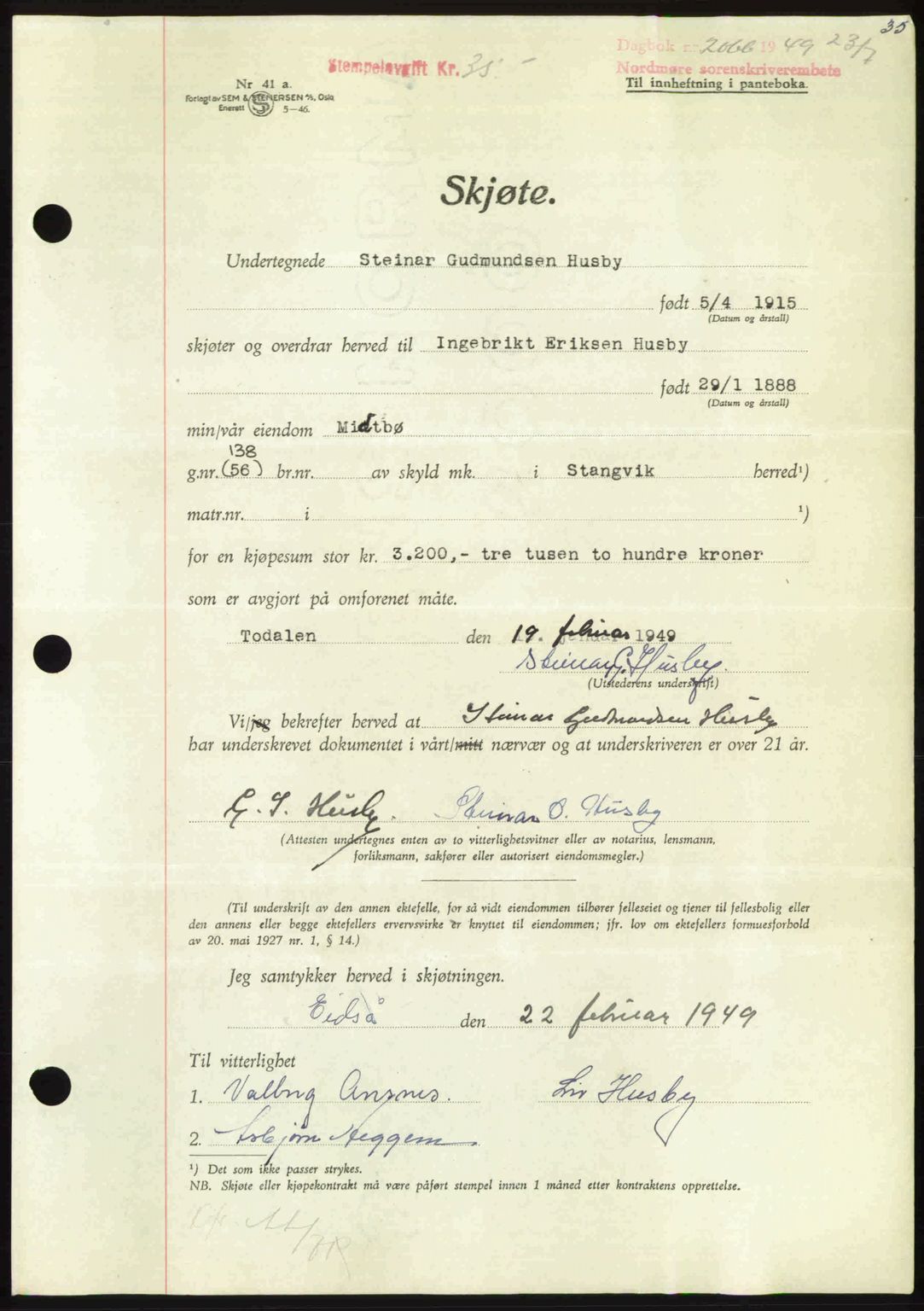 Nordmøre sorenskriveri, SAT/A-4132/1/2/2Ca: Pantebok nr. A112, 1949-1949, Dagboknr: 2066/1949