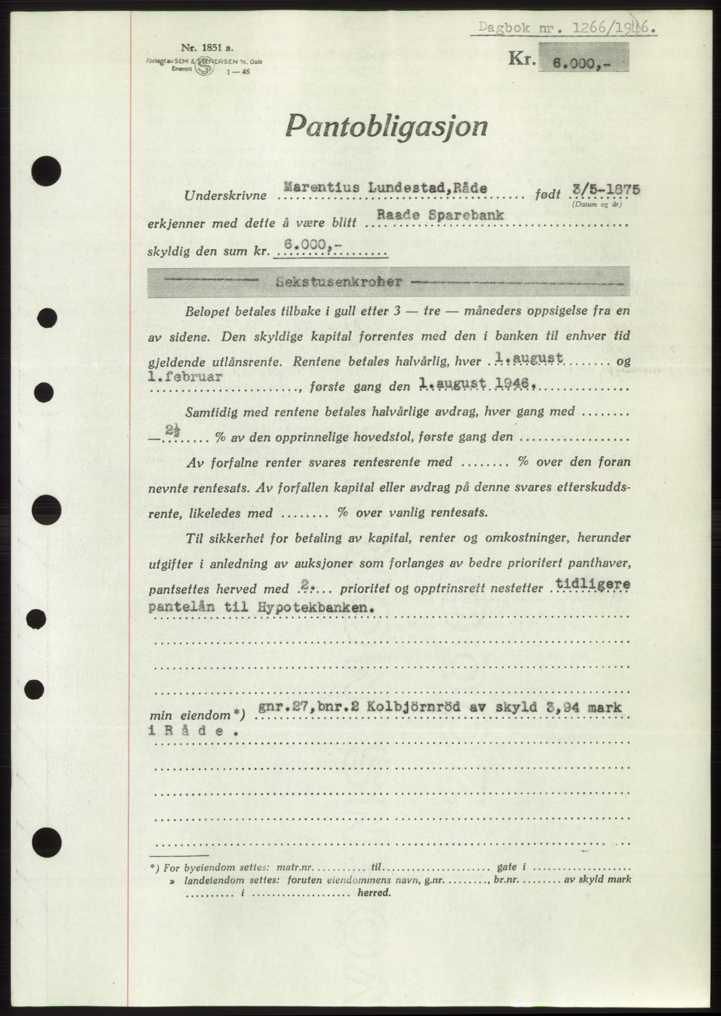 Moss sorenskriveri, SAO/A-10168: Pantebok nr. B15, 1946-1946, Dagboknr: 1266/1946