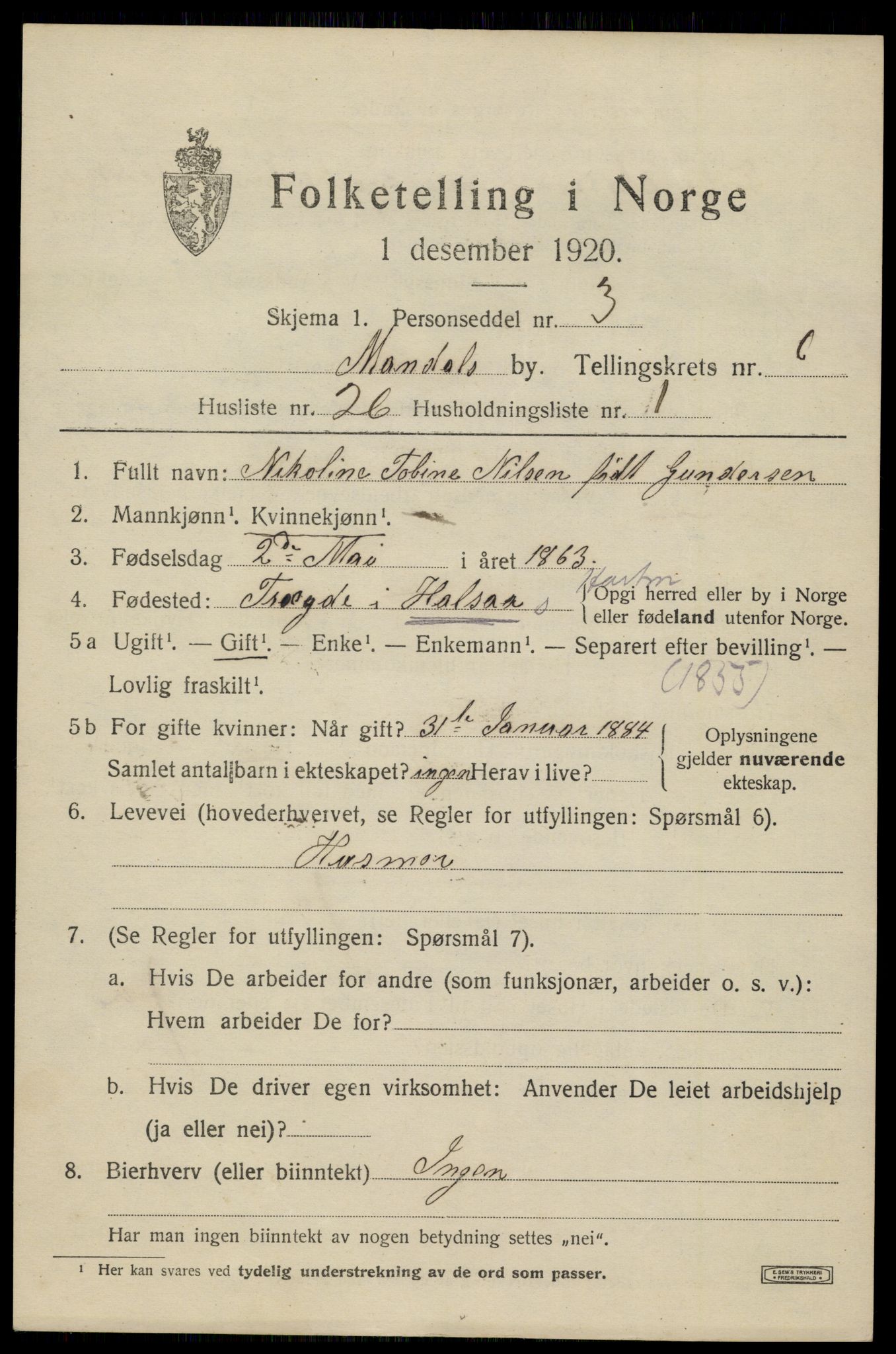SAK, Folketelling 1920 for 1002 Mandal ladested, 1920, s. 9383