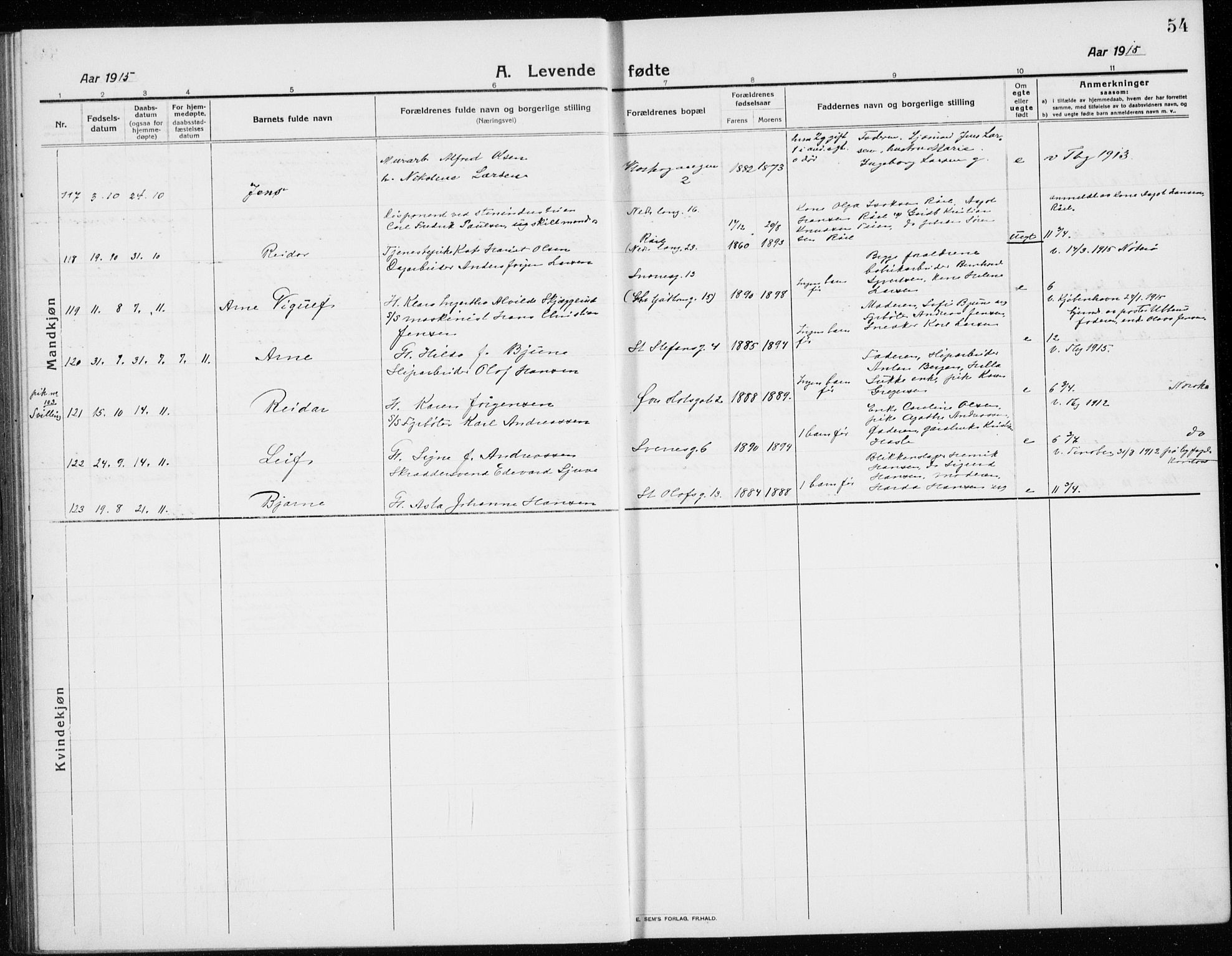 Tønsberg kirkebøker, AV/SAKO-A-330/G/Ga/L0009: Klokkerbok nr. 9, 1913-1920, s. 54