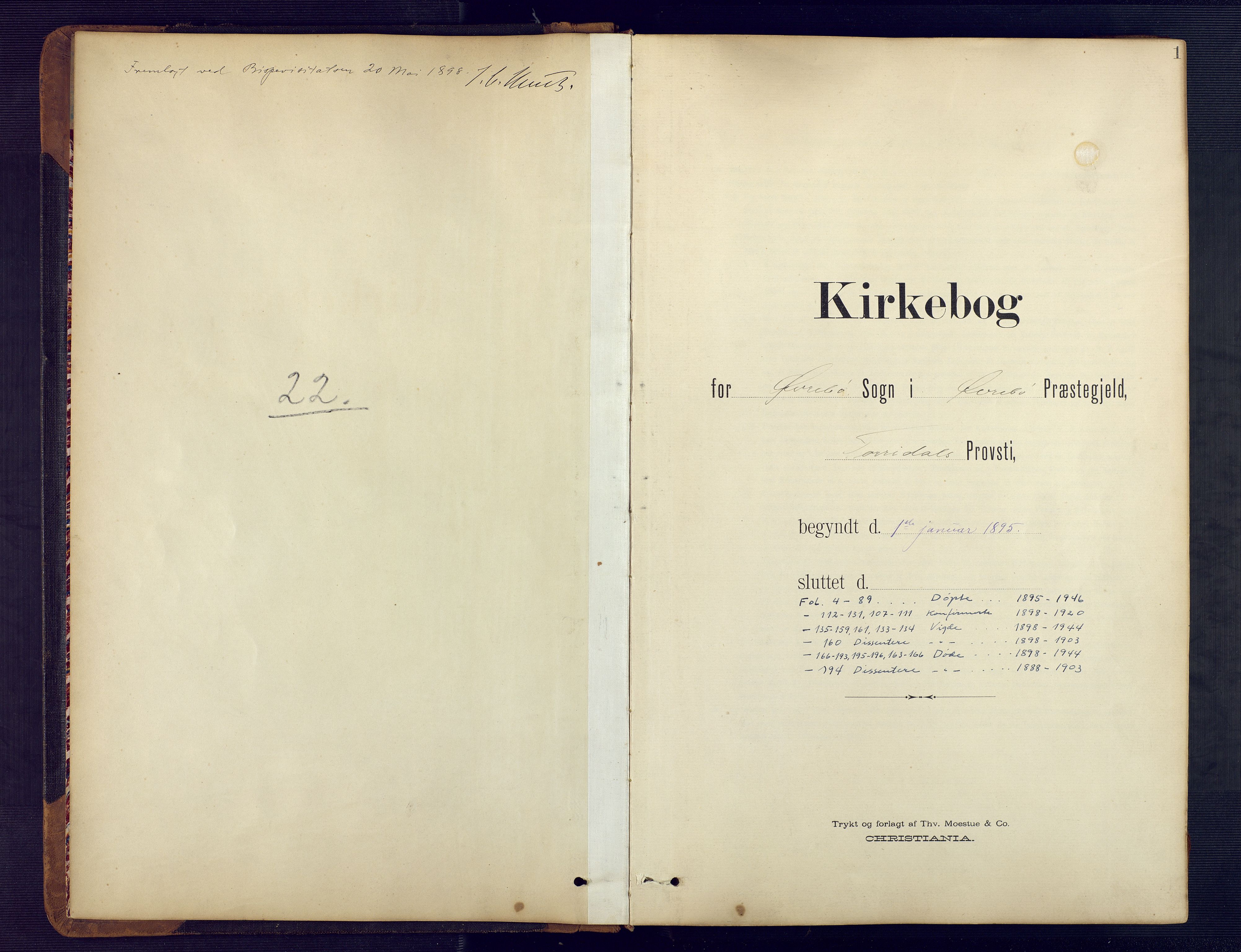 Vennesla sokneprestkontor, SAK/1111-0045/Fb/Fbc/L0003: Klokkerbok nr. B 3, 1895-1946, s. 1