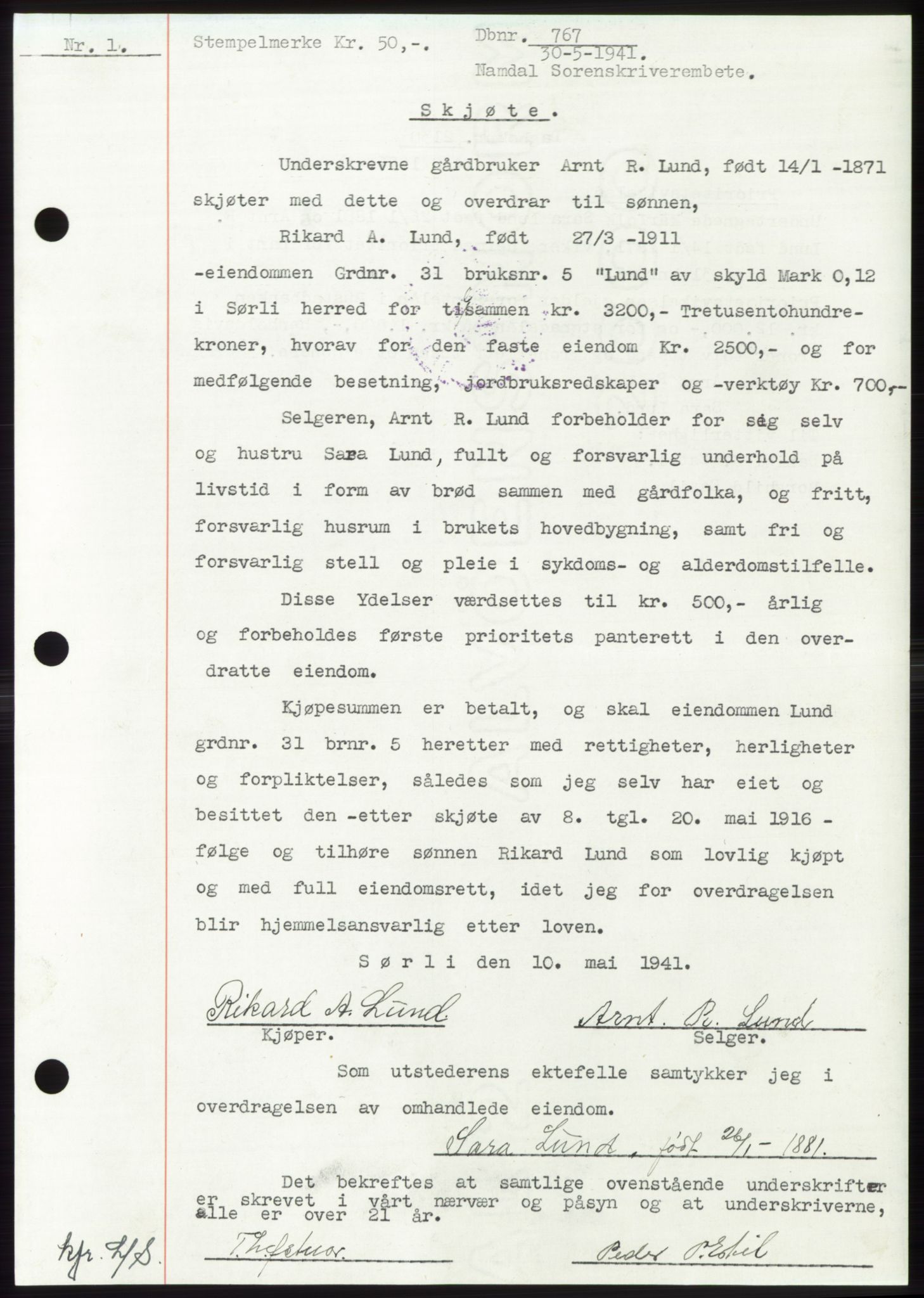Namdal sorenskriveri, SAT/A-4133/1/2/2C: Pantebok nr. -, 1940-1941, Tingl.dato: 30.05.1941