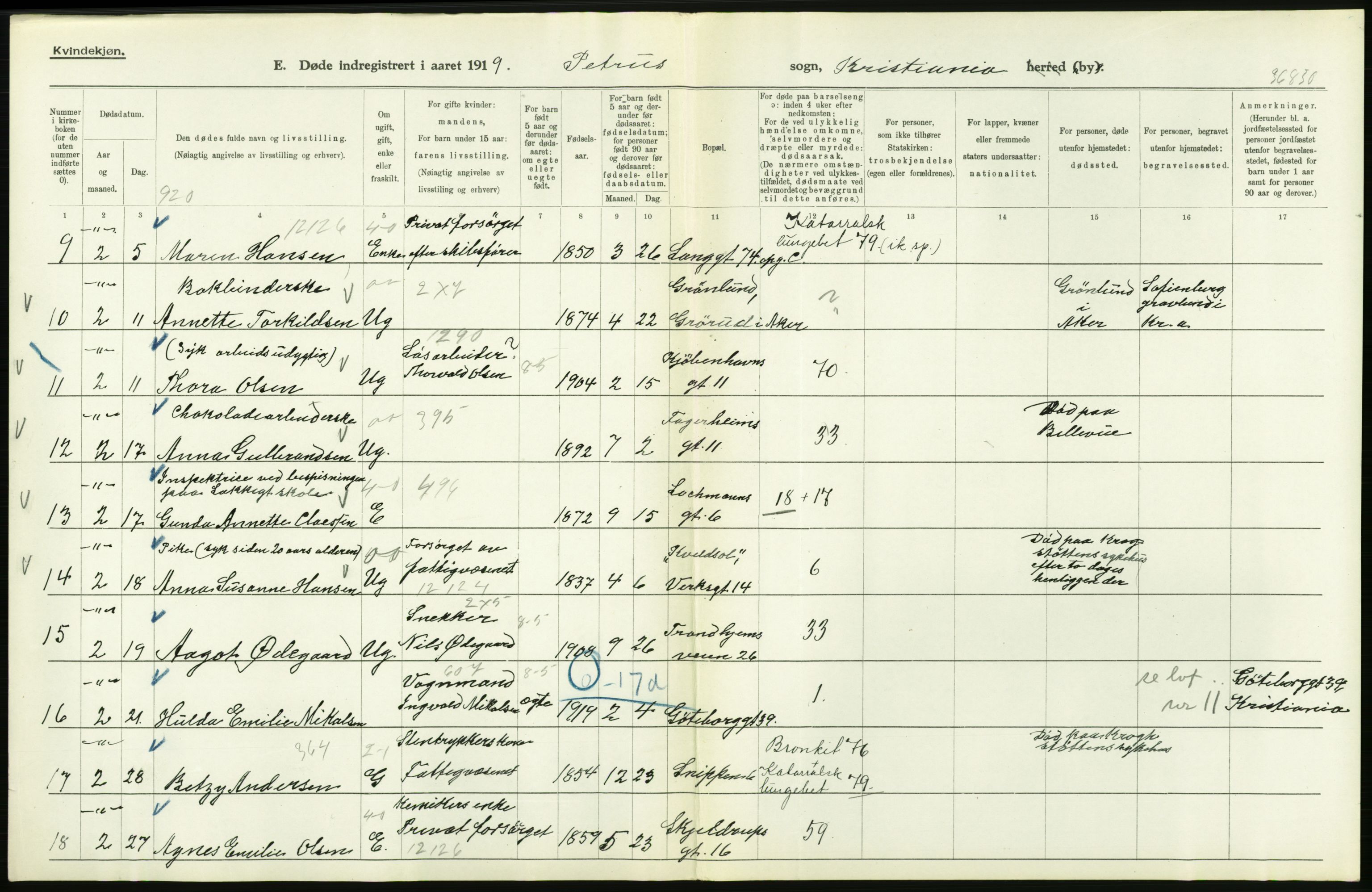 Statistisk sentralbyrå, Sosiodemografiske emner, Befolkning, AV/RA-S-2228/D/Df/Dfb/Dfbi/L0010: Kristiania: Døde, 1919, s. 624