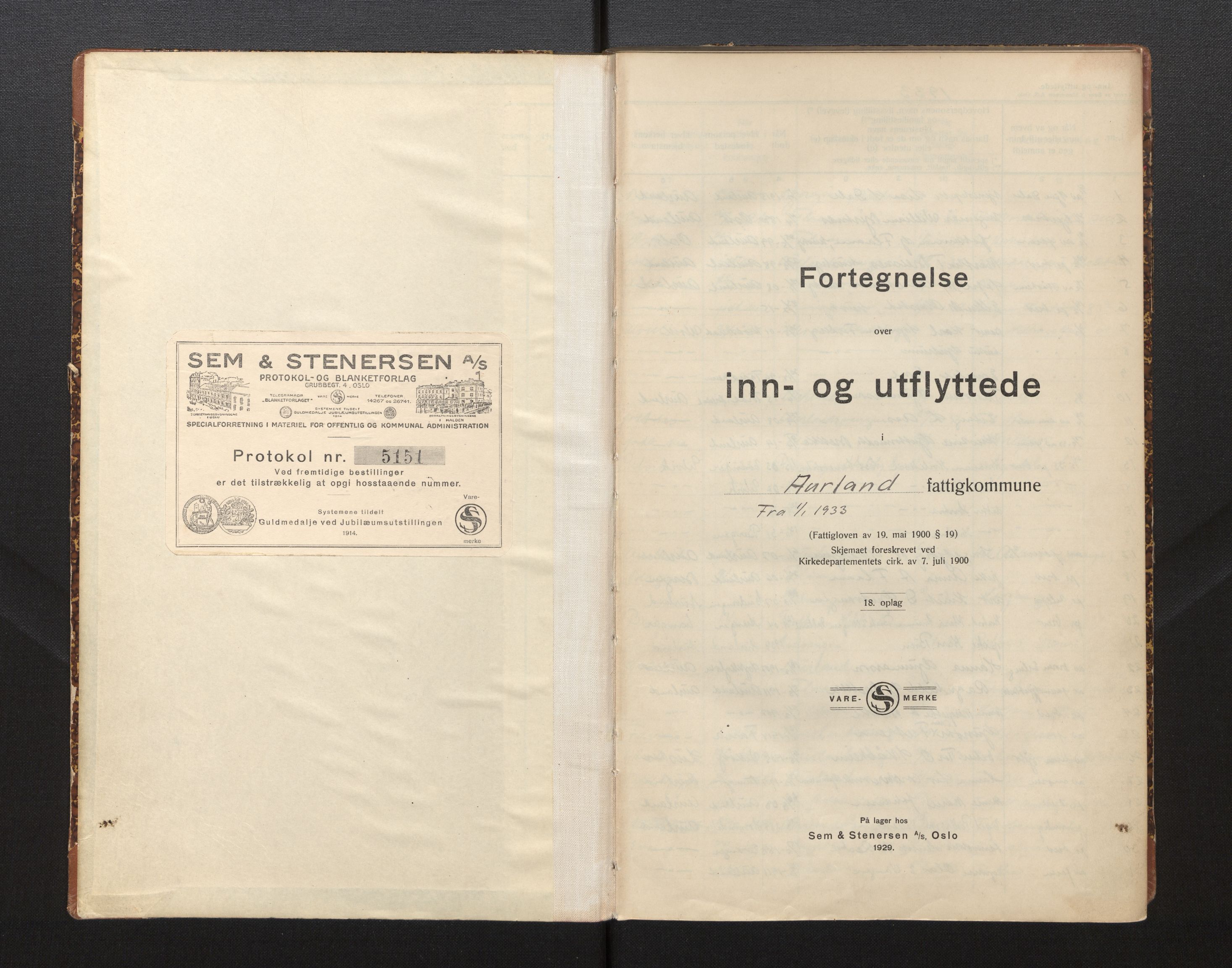 Lensmannen i Aurland, SAB/A-26401/0020/L0002: Protokoll over inn- og utflytte, 1933-1943