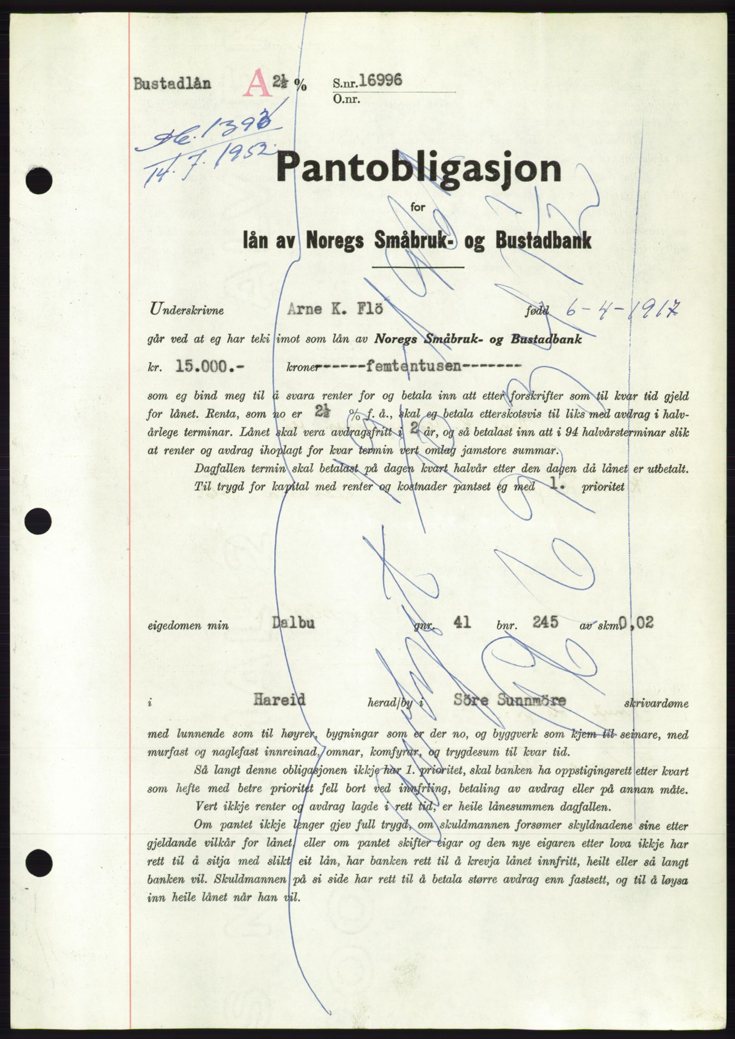 Søre Sunnmøre sorenskriveri, AV/SAT-A-4122/1/2/2C/L0121: Pantebok nr. 9B, 1951-1952, Dagboknr: 1393/1952