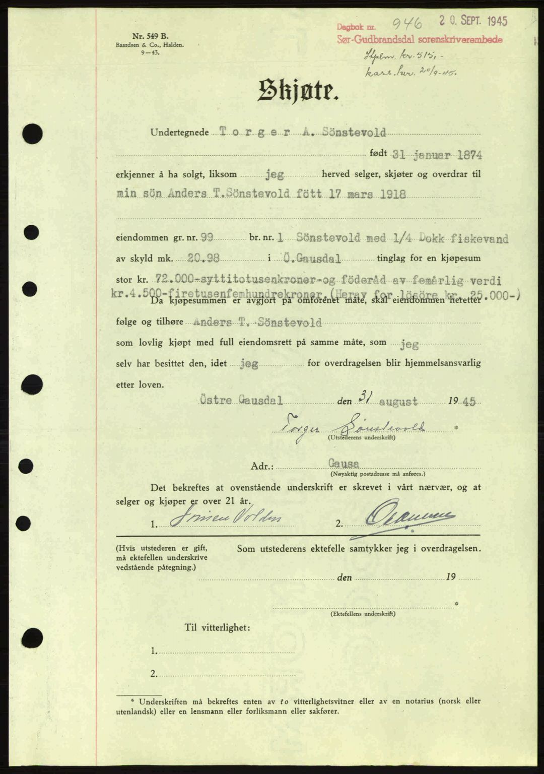 Sør-Gudbrandsdal tingrett, SAH/TING-004/H/Hb/Hbd/L0014: Pantebok nr. A14, 1944-1945, Dagboknr: 946/1945