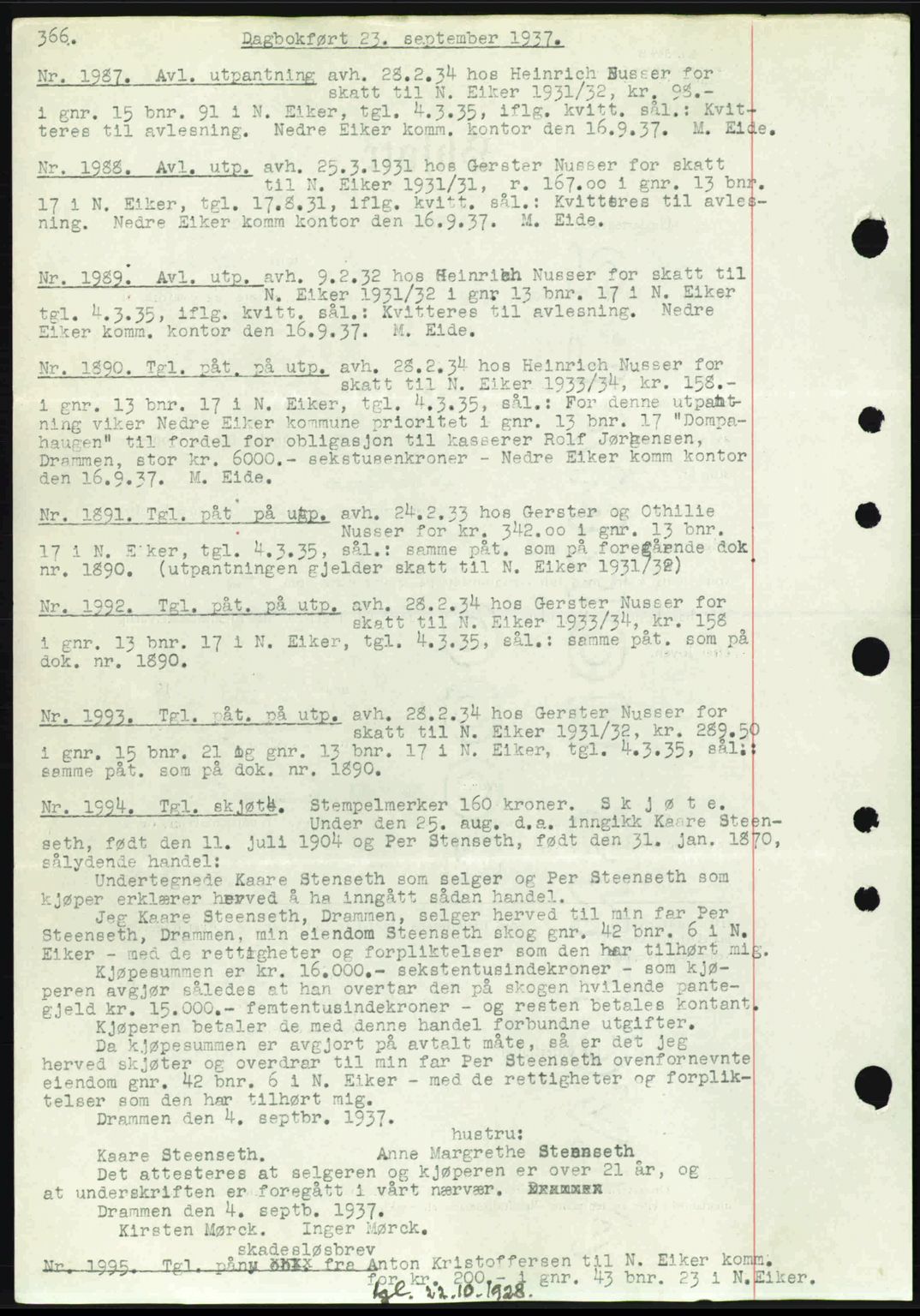 Eiker, Modum og Sigdal sorenskriveri, SAKO/A-123/G/Ga/Gab/L0036: Pantebok nr. A6, 1937-1937, Dagboknr: 1987/1937