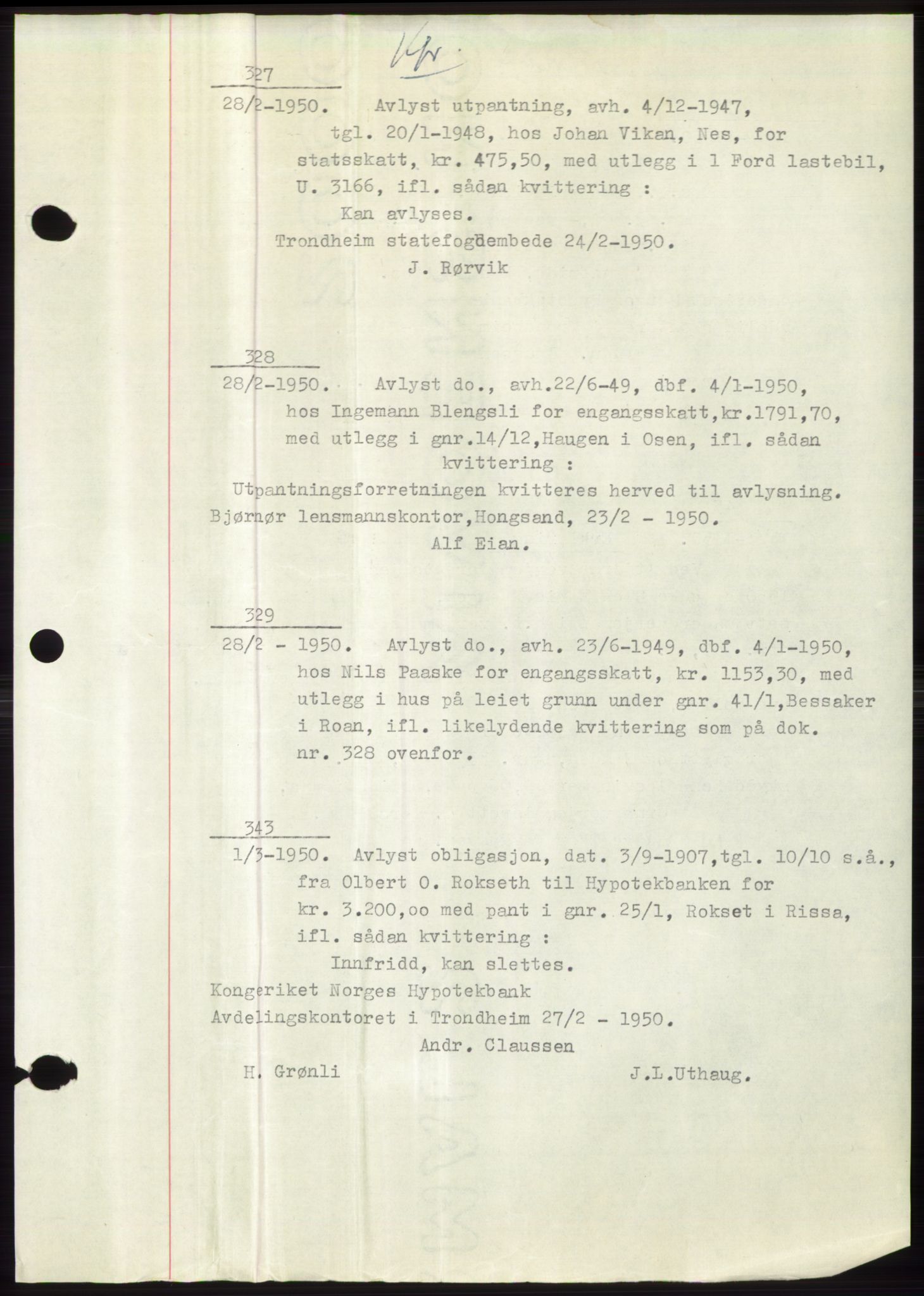 Fosen sorenskriveri, AV/SAT-A-1107/1/2/2C: Pantebok nr. B3, 1948-1950, Dagboknr: 327/1950