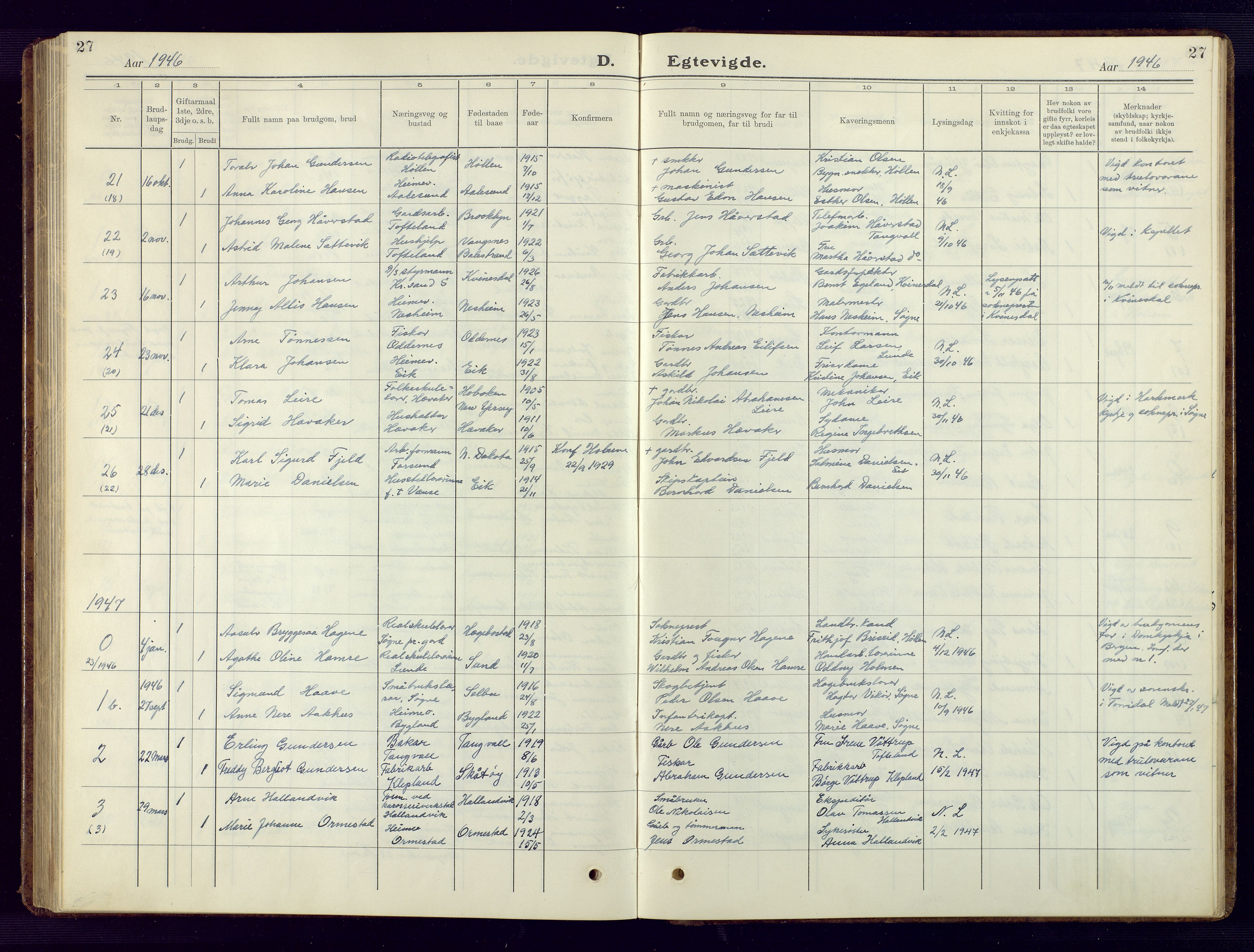 Søgne sokneprestkontor, AV/SAK-1111-0037/F/Fb/Fbb/L0008: Klokkerbok nr. B 8, 1932-1949, s. 27