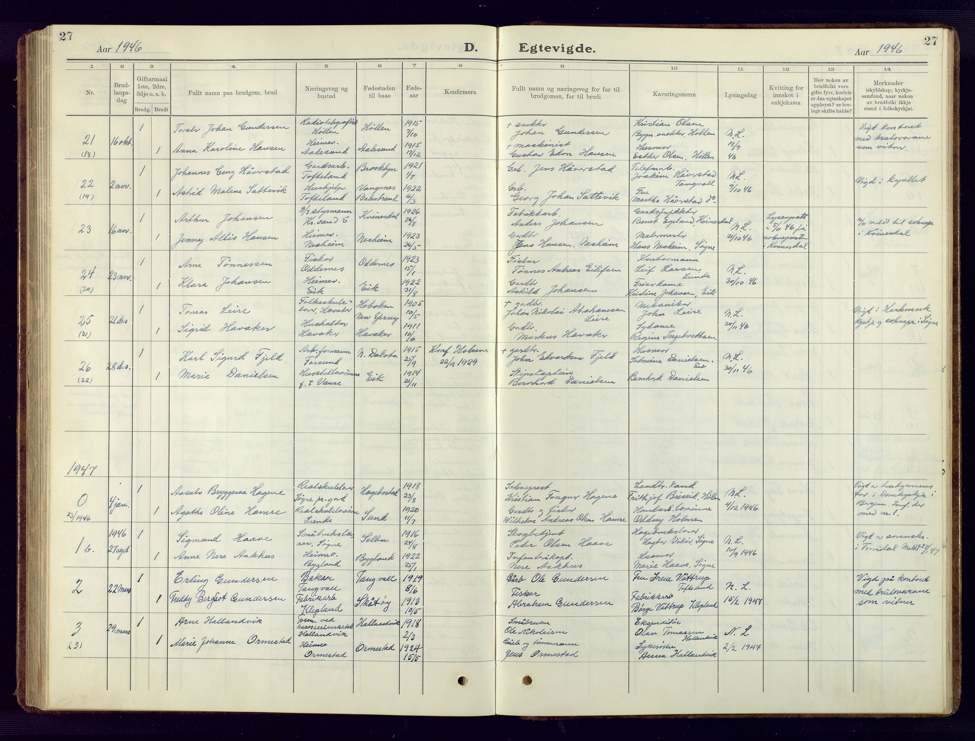 Søgne sokneprestkontor, SAK/1111-0037/F/Fb/Fbb/L0008: Klokkerbok nr. B 8, 1932-1949, s. 27