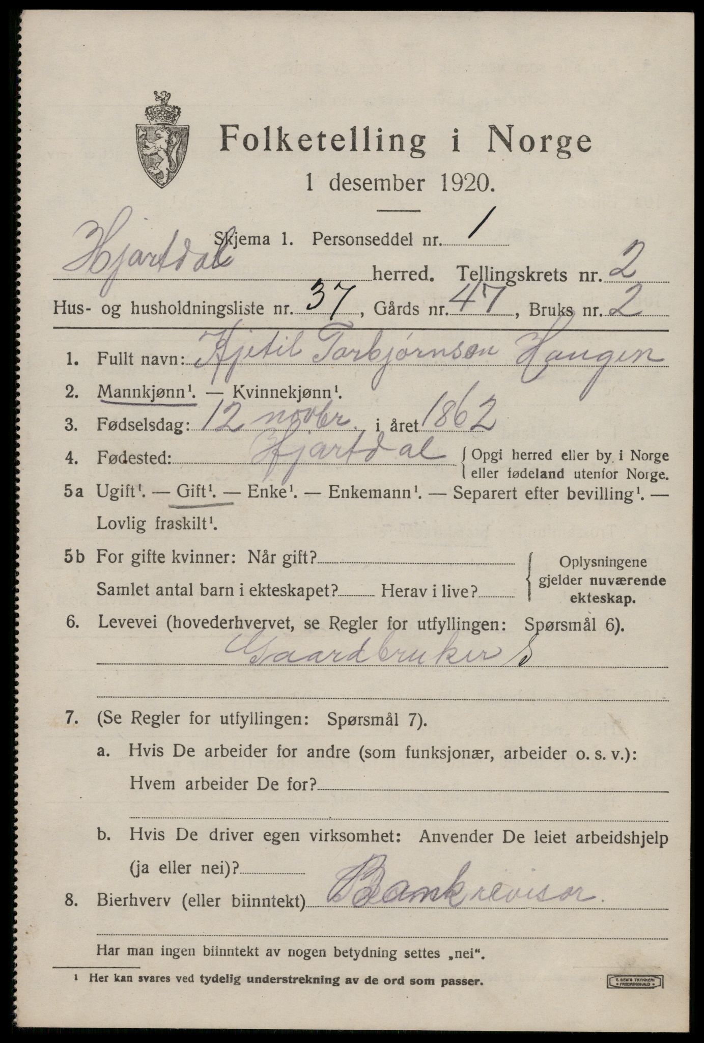 SAKO, Folketelling 1920 for 0827 Hjartdal herred, 1920, s. 2208