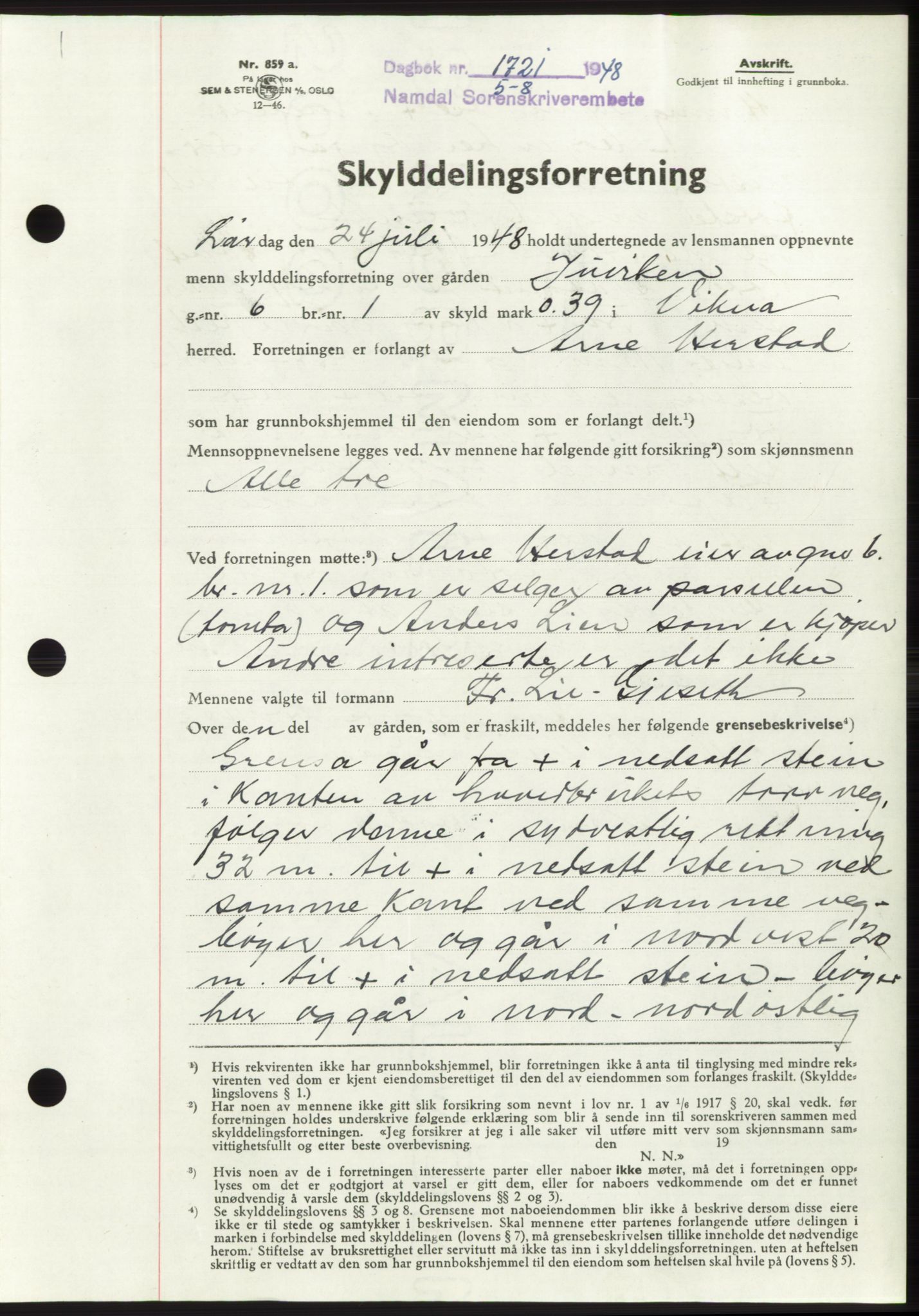 Namdal sorenskriveri, SAT/A-4133/1/2/2C: Pantebok nr. -, 1948-1948, Dagboknr: 1721/1948