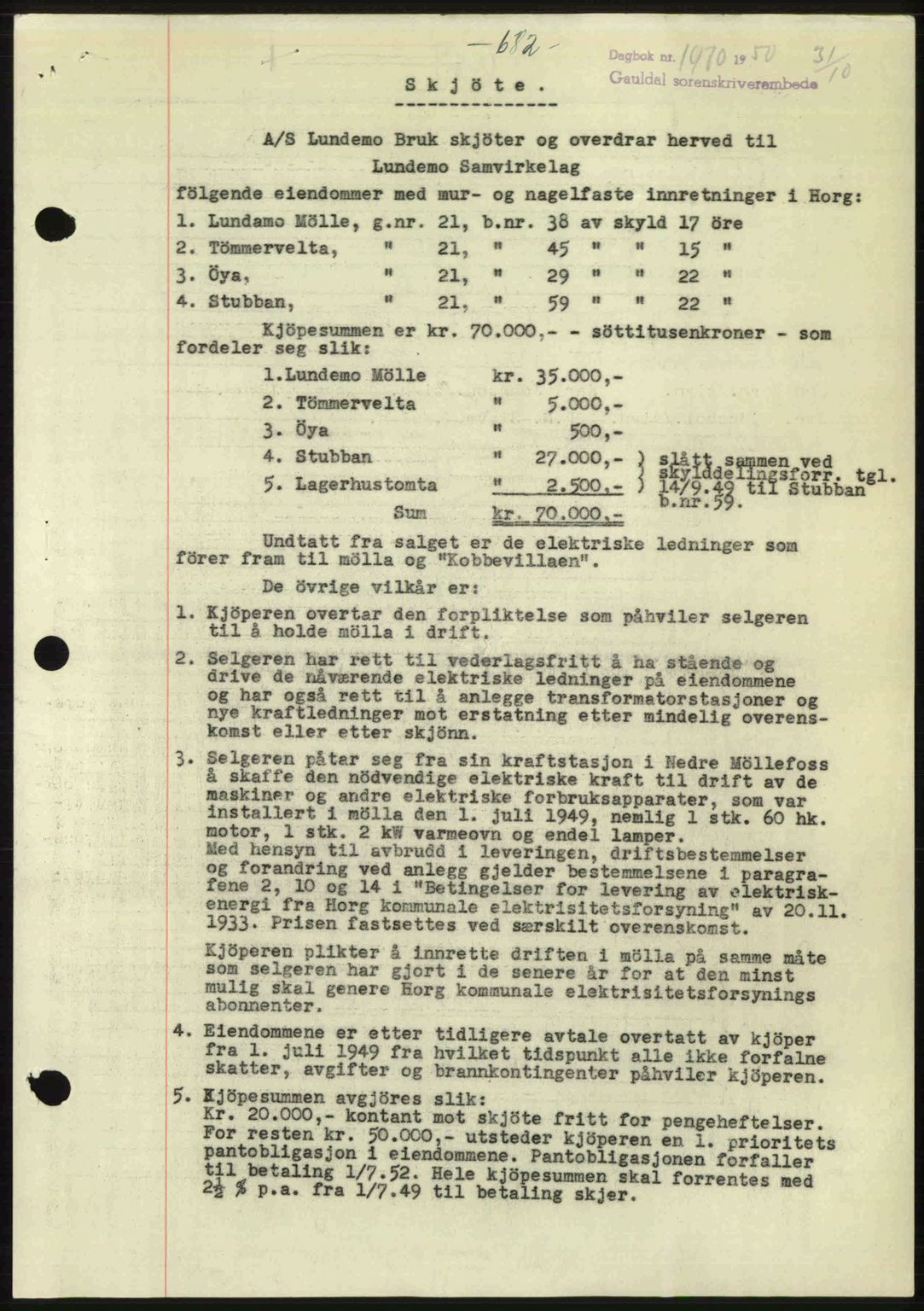 Gauldal sorenskriveri, SAT/A-0014/1/2/2C: Pantebok nr. A11, 1950-1950, Dagboknr: 1970/1950