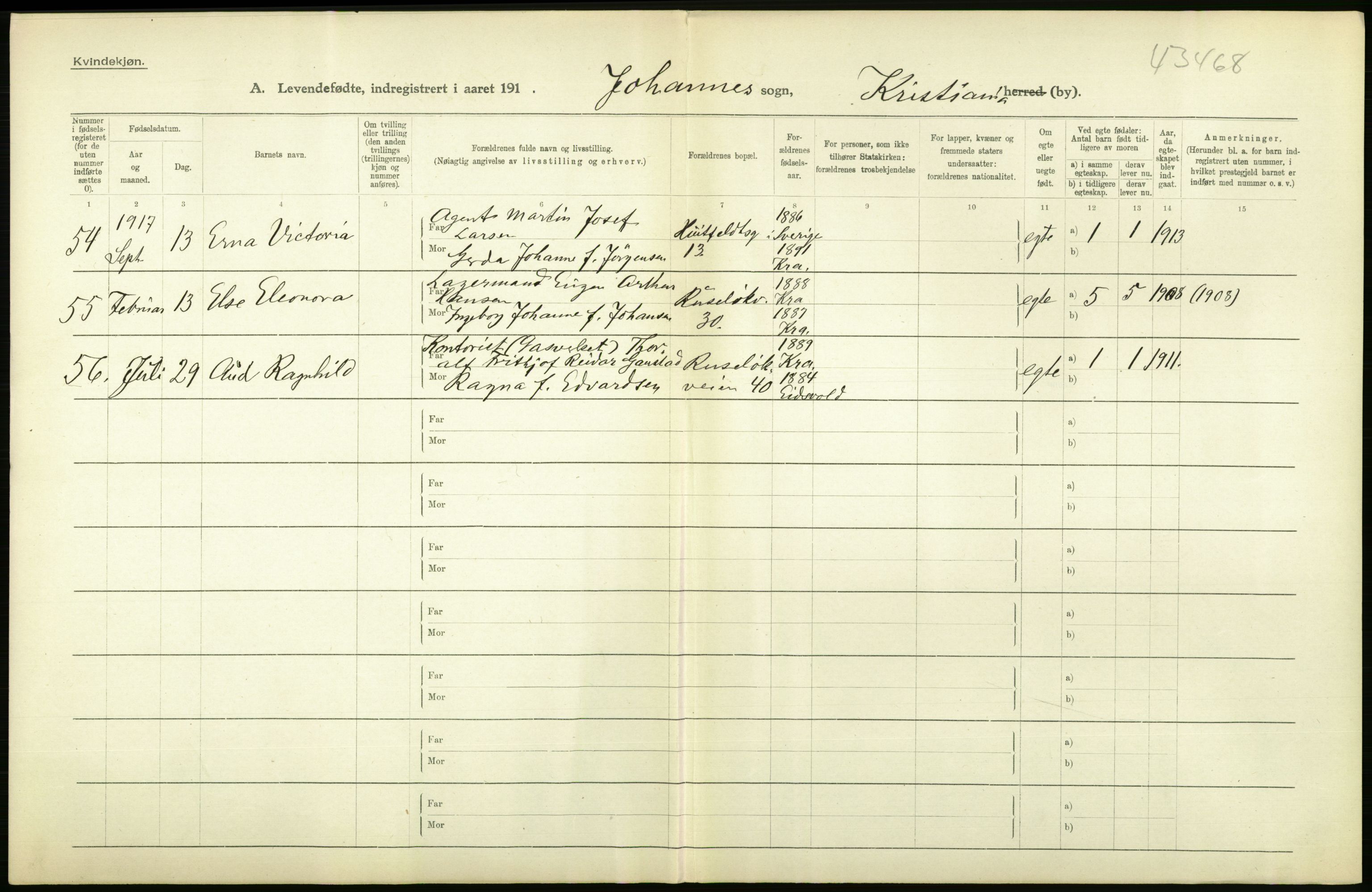 Statistisk sentralbyrå, Sosiodemografiske emner, Befolkning, AV/RA-S-2228/D/Df/Dfb/Dfbg/L0007: Kristiania: Levendefødte menn og kvinner., 1917, s. 362