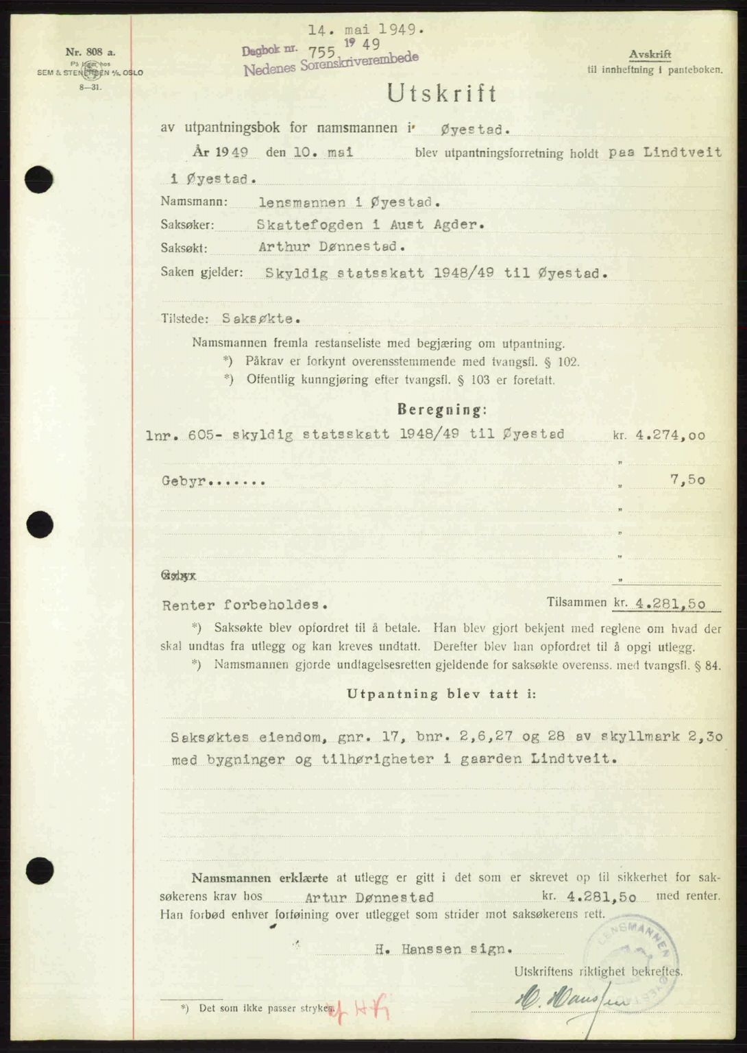 Nedenes sorenskriveri, SAK/1221-0006/G/Gb/Gba/L0060: Pantebok nr. A12, 1948-1949, Dagboknr: 755/1949