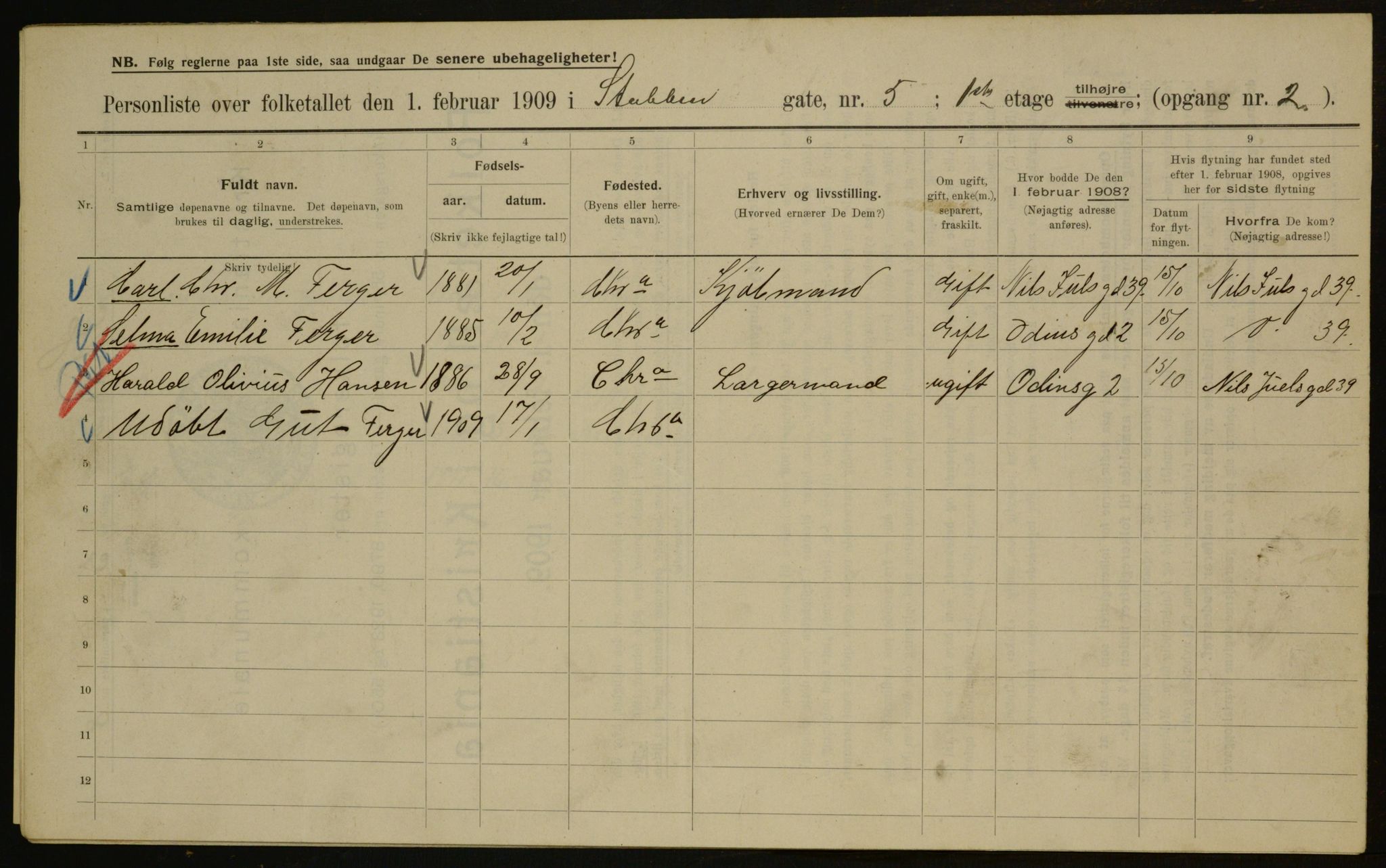 OBA, Kommunal folketelling 1.2.1909 for Kristiania kjøpstad, 1909, s. 94534