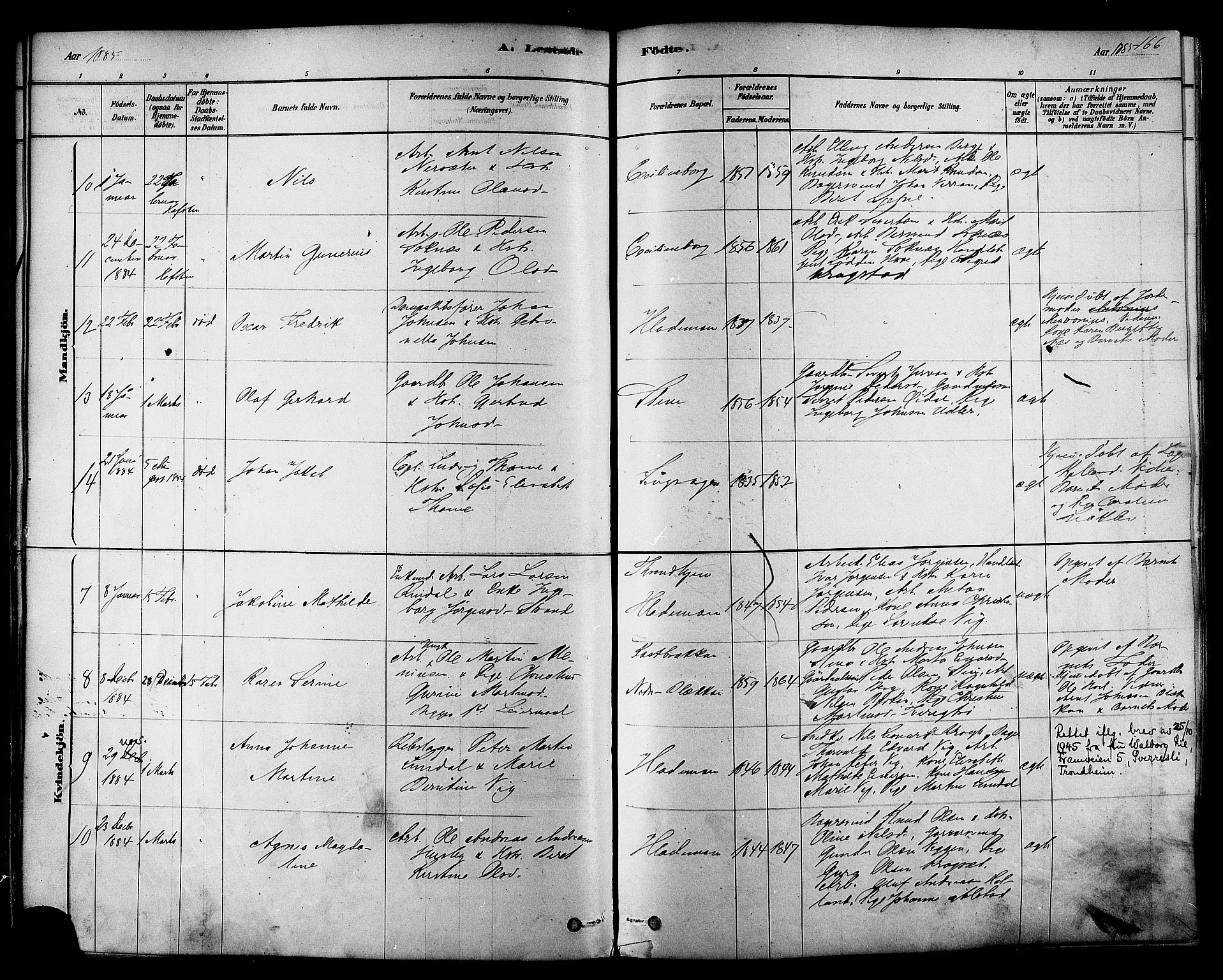 Ministerialprotokoller, klokkerbøker og fødselsregistre - Sør-Trøndelag, SAT/A-1456/606/L0294: Ministerialbok nr. 606A09, 1878-1886, s. 166