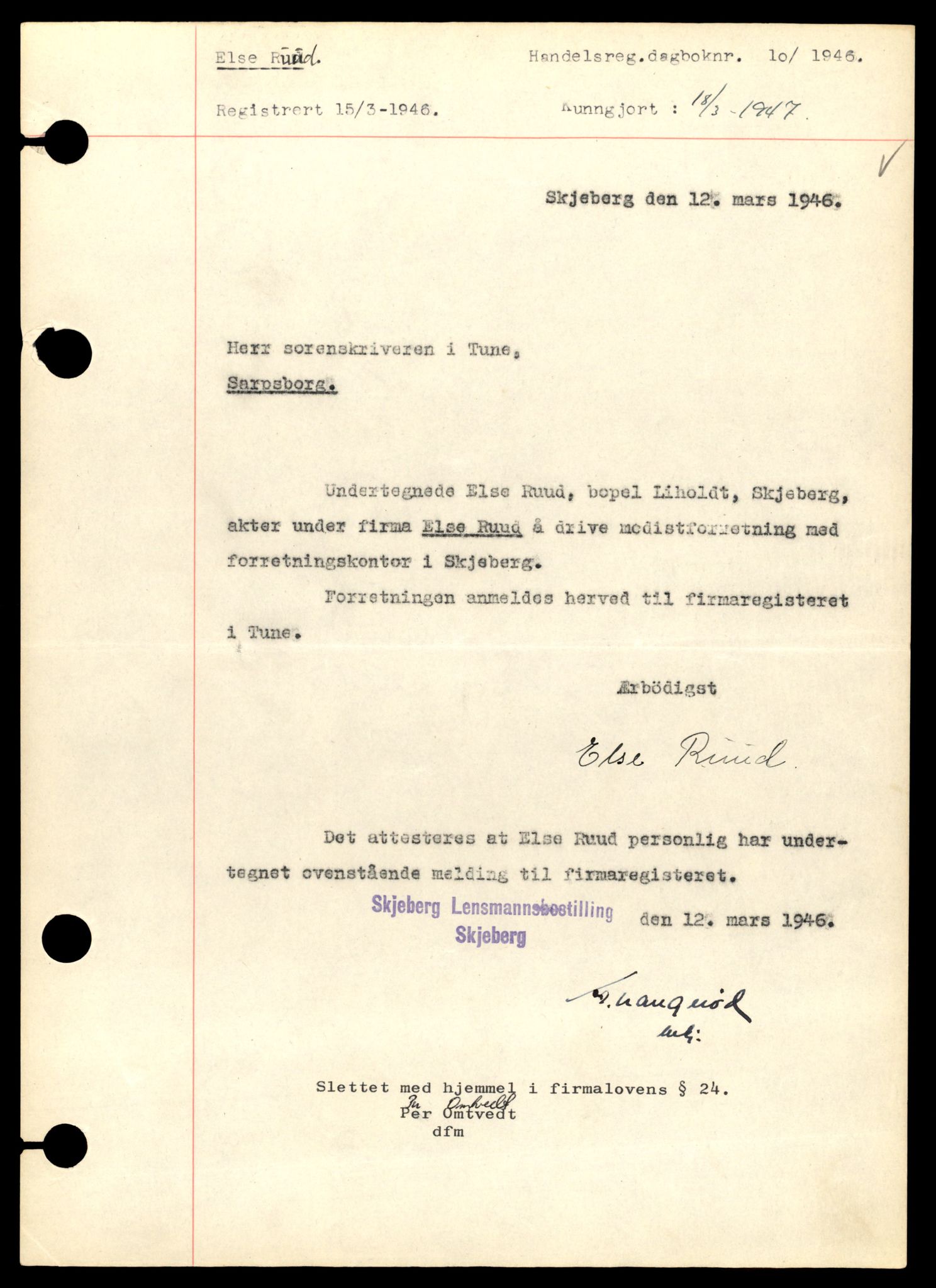 Tune sorenskriveri, SAT/A-10470/K/Ke/Kea/L0006: Enkeltmannsforetak, Ru - So, 1944-1984, s. 1