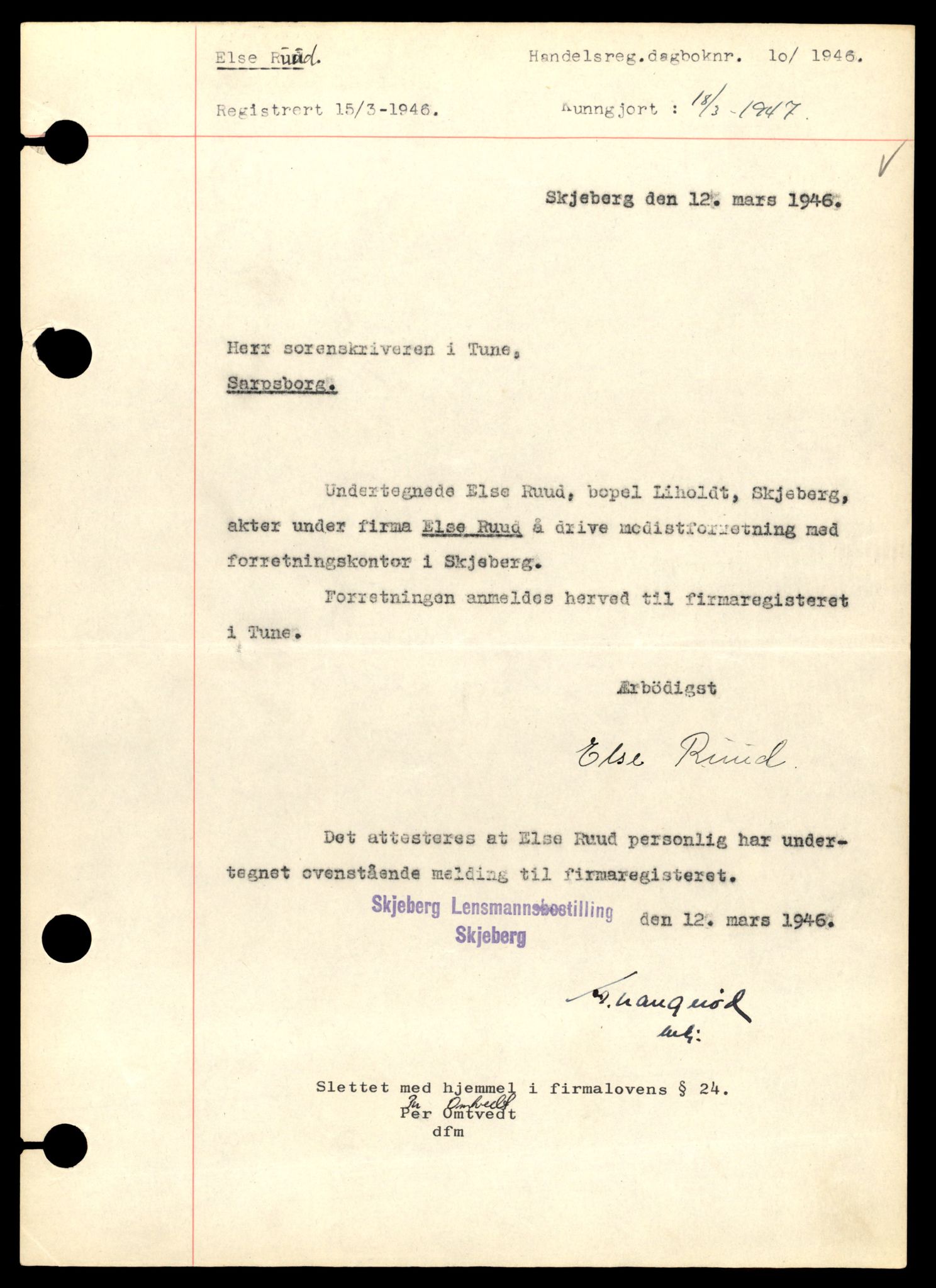 Tune sorenskriveri, AV/SAT-A-10470/K/Ke/Kea/L0006: Enkeltmannsforetak, Ru - So, 1944-1984, s. 1