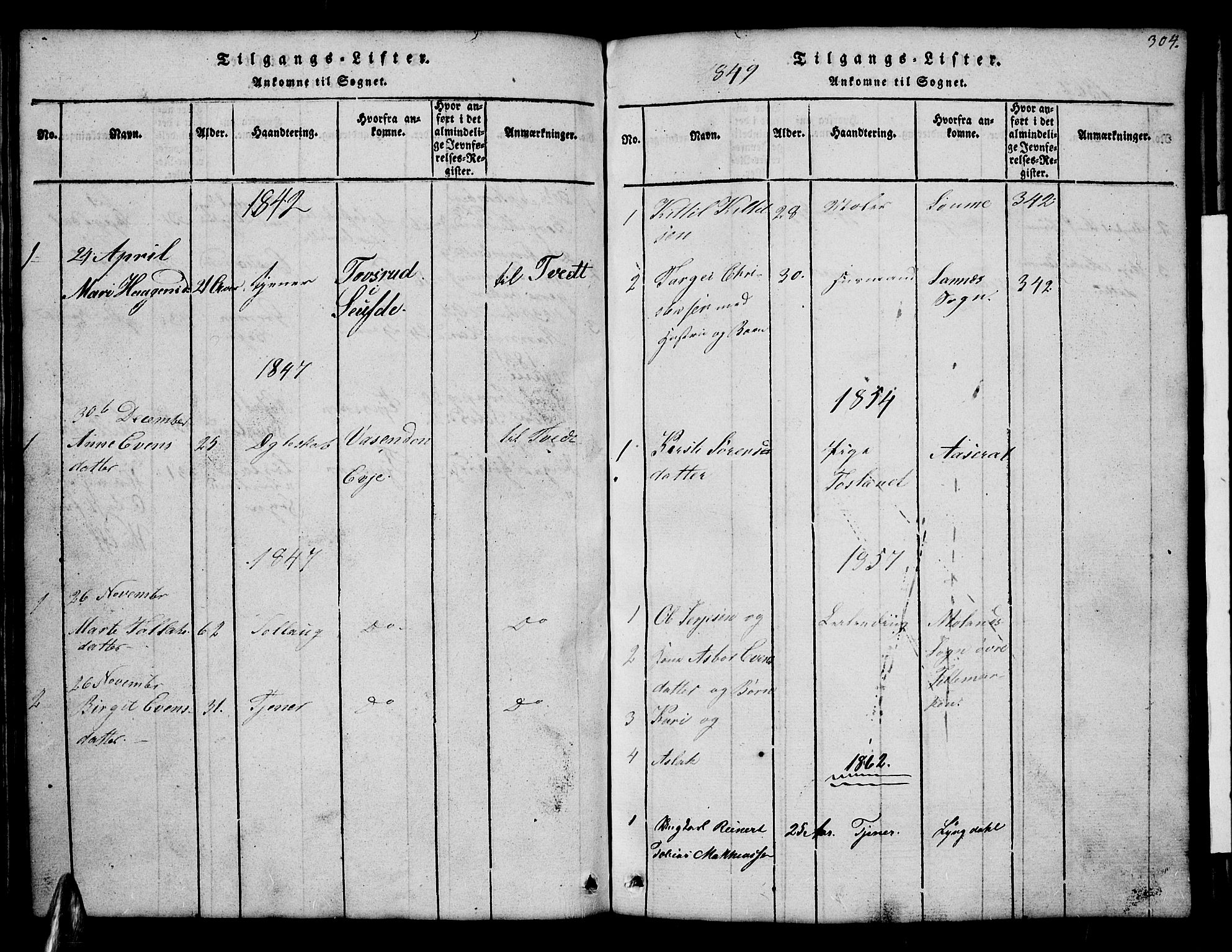 Åmli sokneprestkontor, SAK/1111-0050/F/Fb/Fbb/L0001: Klokkerbok nr. B 1, 1816-1889, s. 304