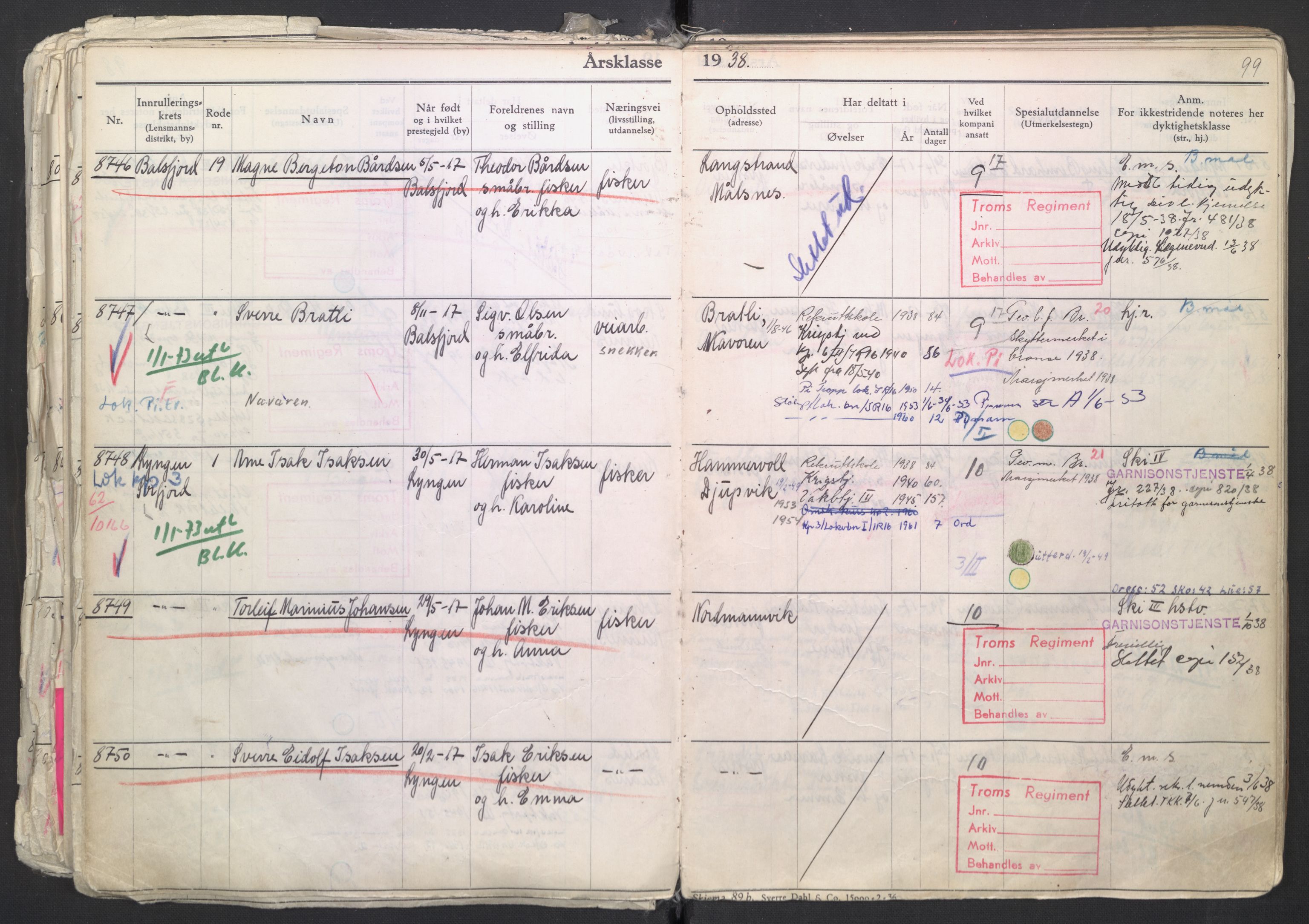 Forsvaret, Troms infanteriregiment nr. 16, AV/RA-RAFA-3146/P/Pa/L0007/0003: Ruller / Rulle for regimentets menige mannskaper, årsklasse 1938, 1938, s. 99