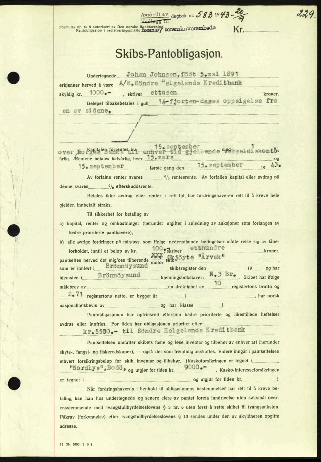 Brønnøy sorenskriveri, SAT/A-4170/1/2/2C: Pantebok nr. 23, 1943-1944, Dagboknr: 583/1943