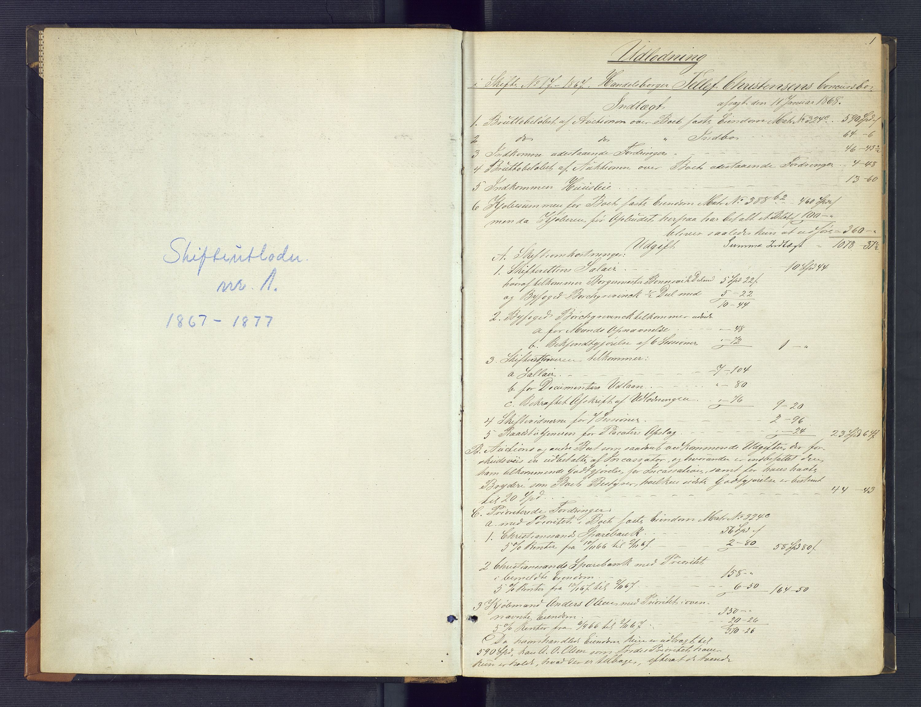 Kristiansand byrett, SAK/1223-0001/H/Hc/L0055: Skifteutlodningsprotokoll nr. 1, med register, 1867-1877, s. 1