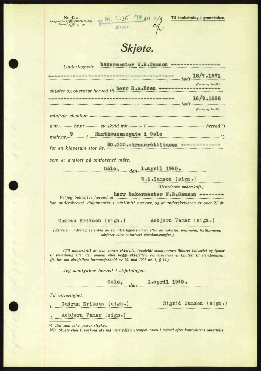 Oslo byskriverembete, SAO/A-10227/G/Gb/Gbb/Gbbb/L0005: Pantebok nr. VA5, 1939-1941, Dagboknr: 1136/1940