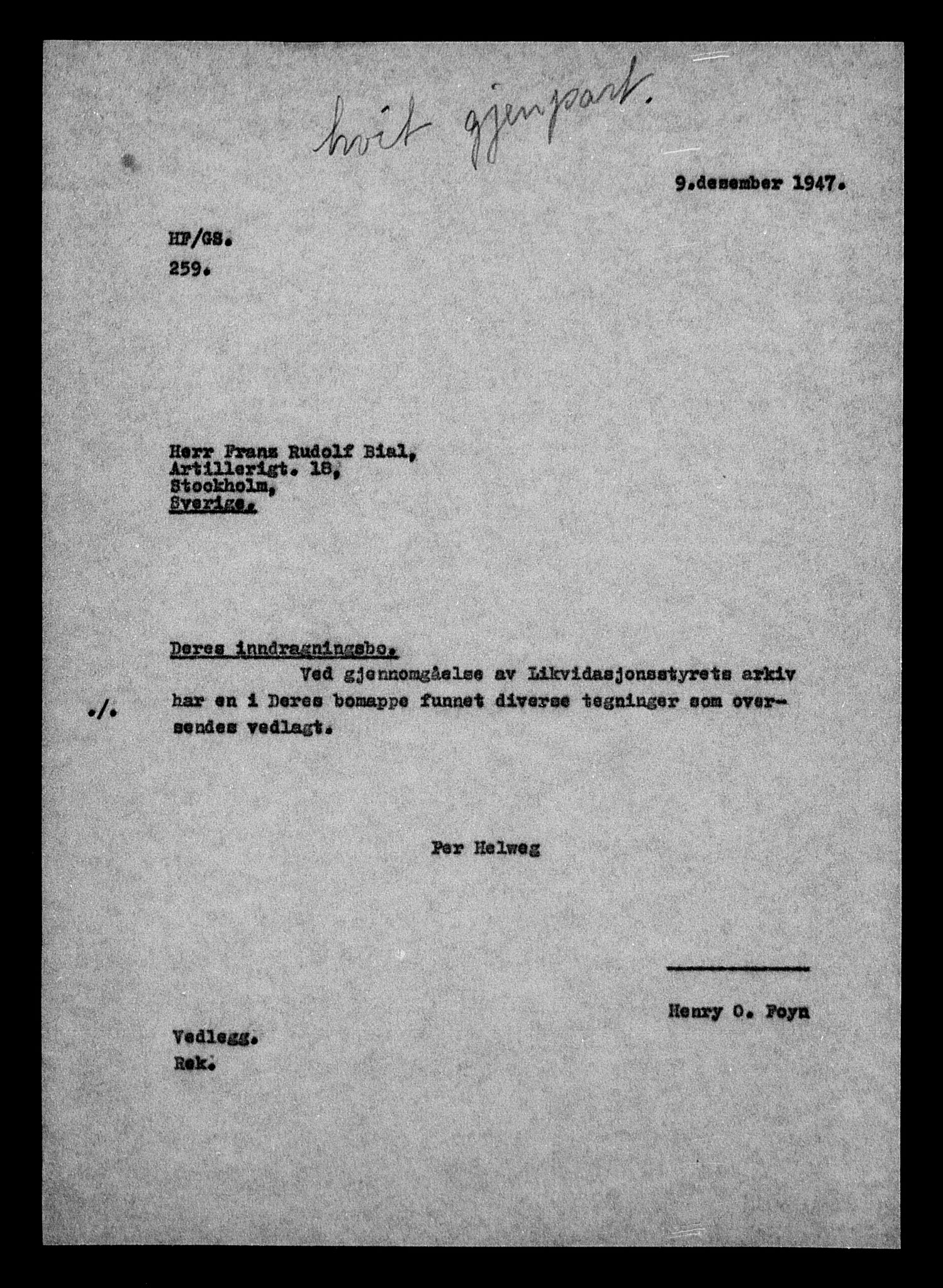 Justisdepartementet, Tilbakeføringskontoret for inndratte formuer, AV/RA-S-1564/H/Hc/Hcc/L0924: --, 1945-1947, s. 59