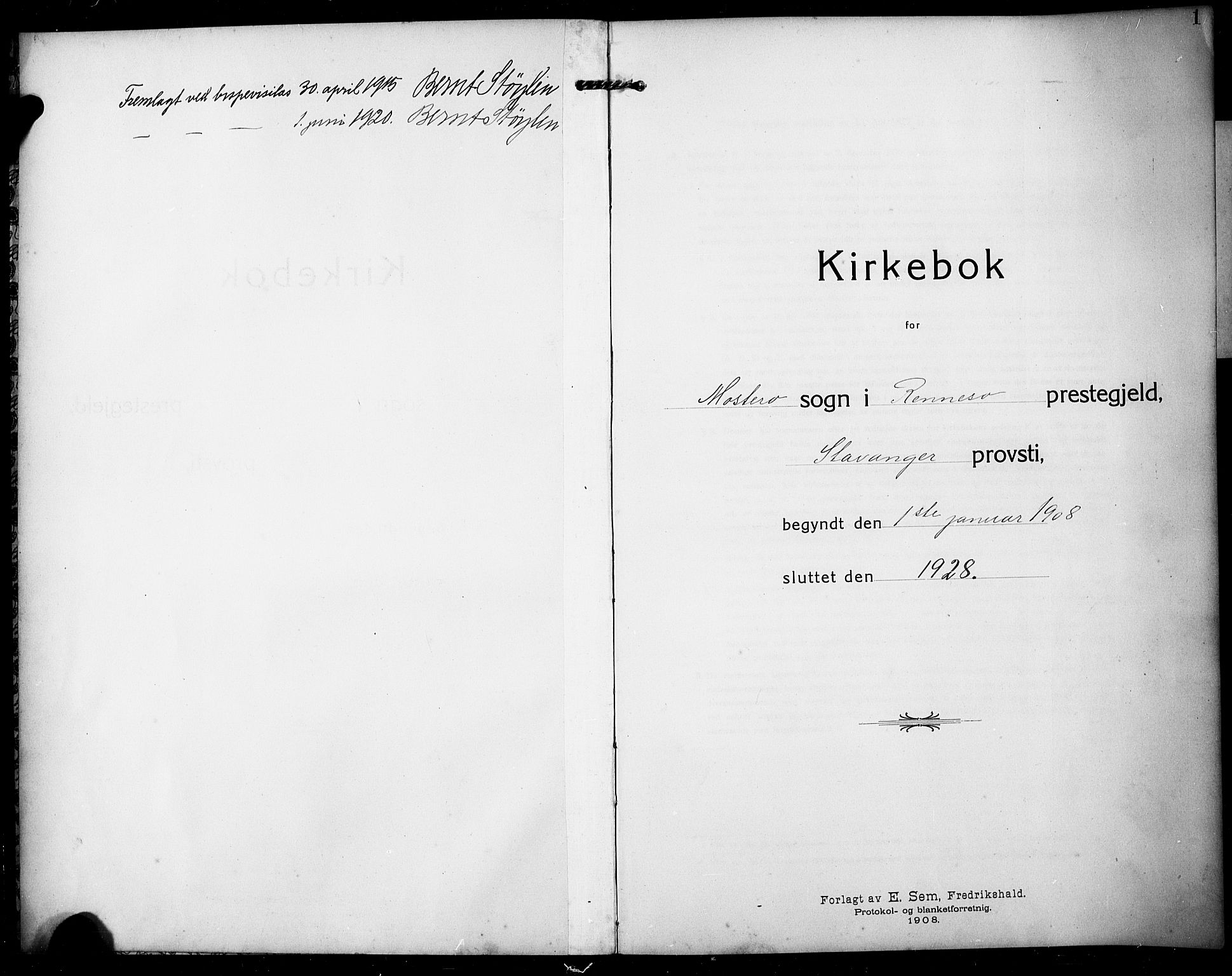 Rennesøy sokneprestkontor, SAST/A -101827/H/Ha/Hab/L0013: Klokkerbok nr. B 12, 1907-1928, s. 1