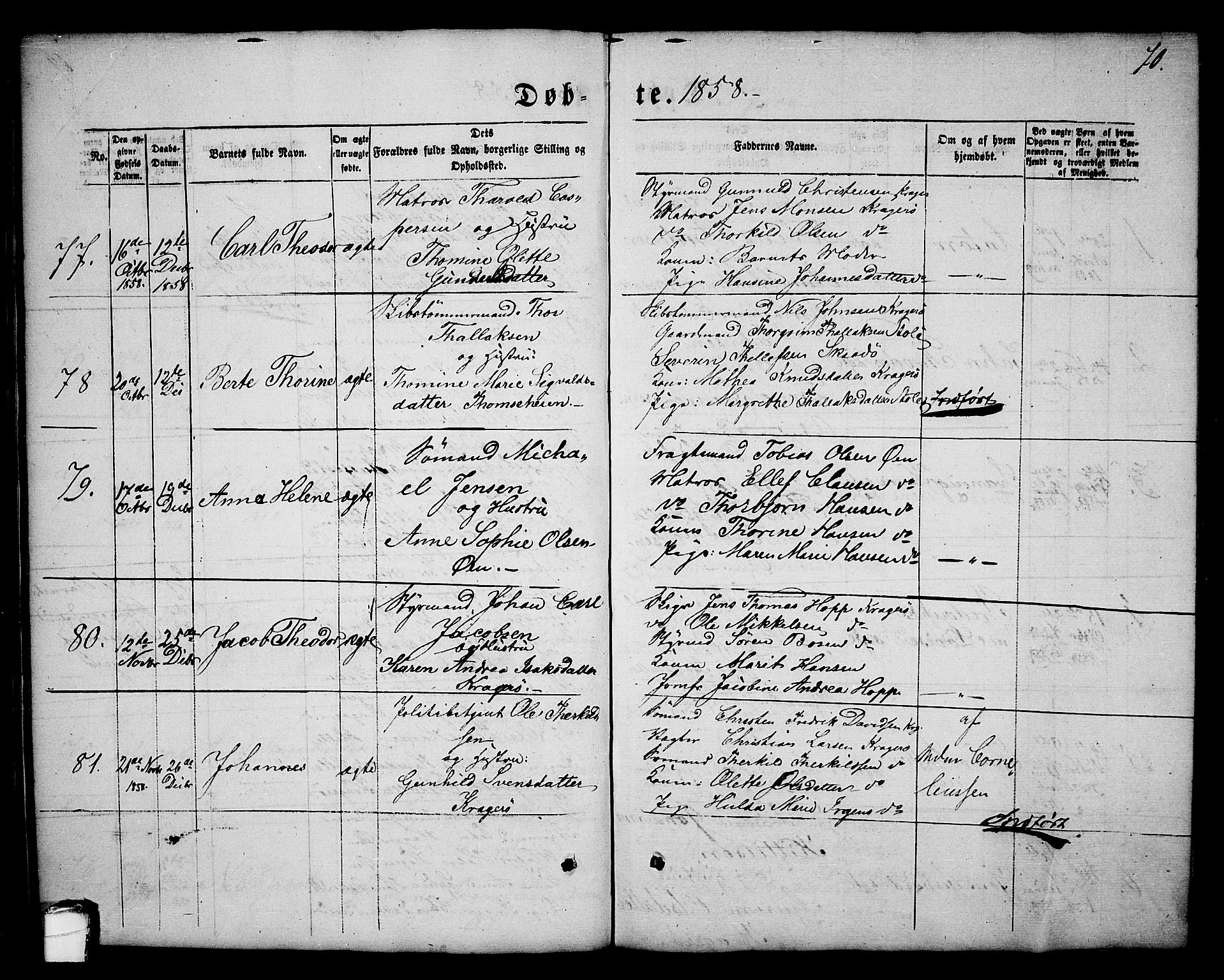 Kragerø kirkebøker, AV/SAKO-A-278/G/Ga/L0004: Klokkerbok nr. 4, 1853-1865, s. 70