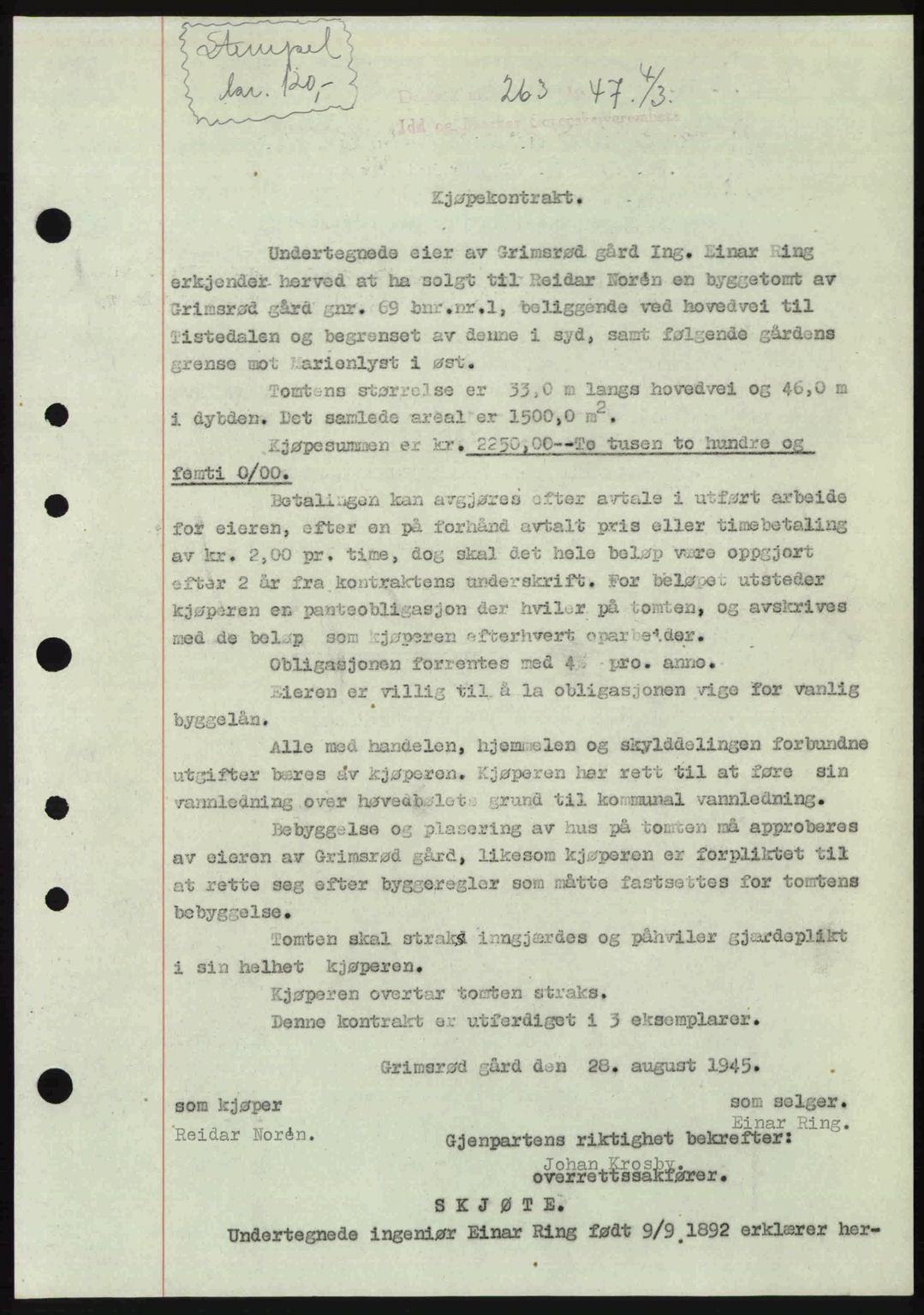 Idd og Marker sorenskriveri, SAO/A-10283/G/Gb/Gbb/L0009: Pantebok nr. A9, 1946-1947, Dagboknr: 263/1947