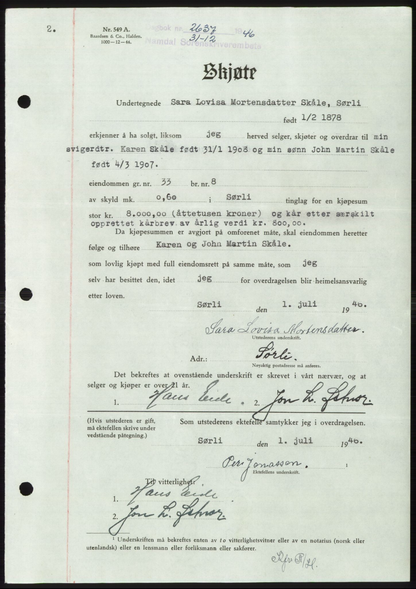 Namdal sorenskriveri, SAT/A-4133/1/2/2C: Pantebok nr. -, 1946-1947, Dagboknr: 2637/1946