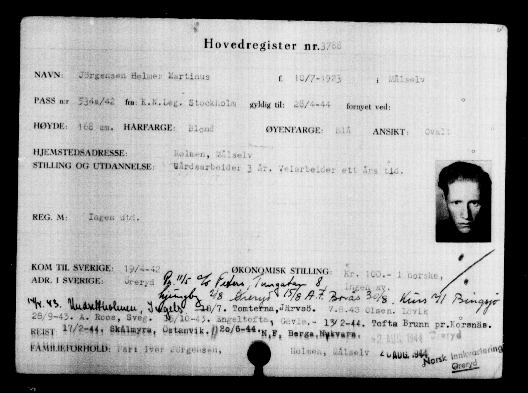Utenriksstasjonene, Legasjonen i Stockholm, Flyktningkontoret, AV/RA-S-6753/V/Va/L0004: Kjesäterkartoteket, flyktninger med registreringsnr. 3496-6610, 1940-1945, s. 338