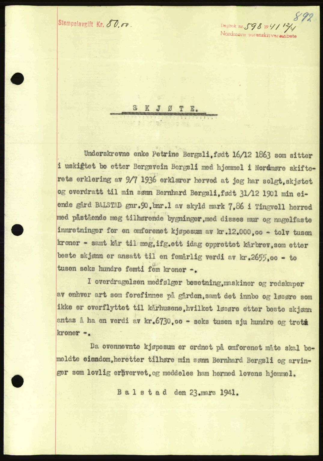 Nordmøre sorenskriveri, SAT/A-4132/1/2/2Ca: Pantebok nr. A89, 1940-1941, Dagboknr: 598/1941