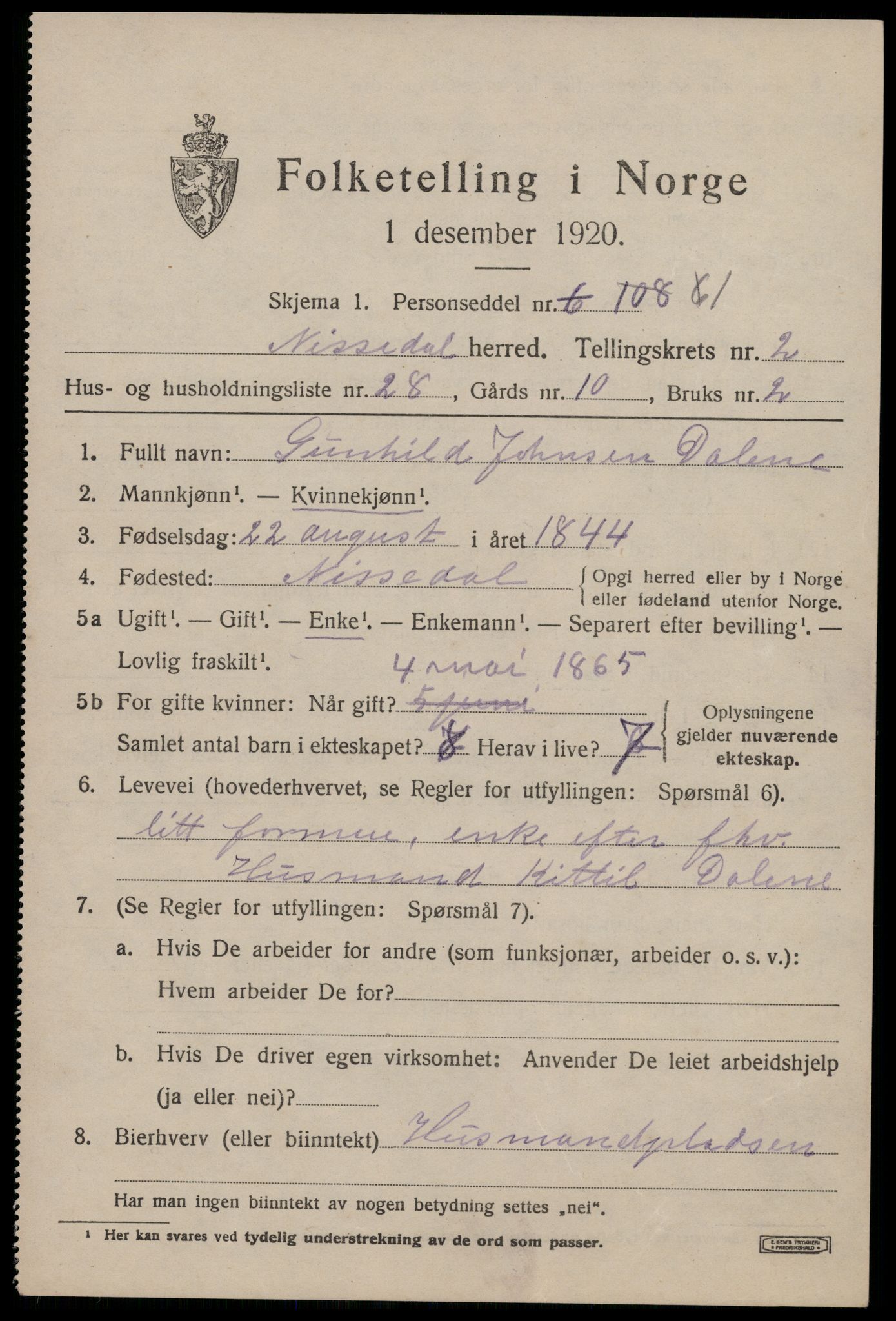 SAKO, Folketelling 1920 for 0830 Nissedal herred, 1920, s. 1489