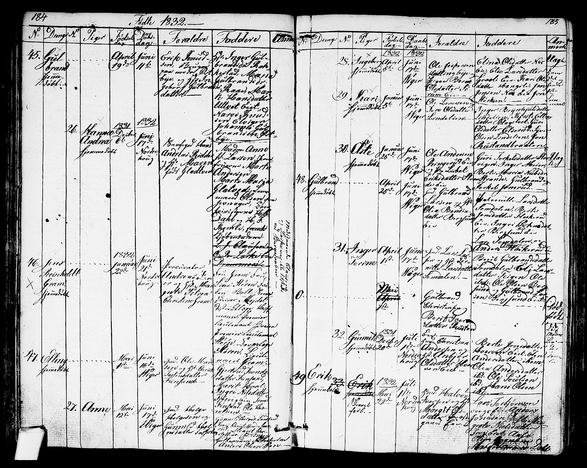Norderhov kirkebøker, AV/SAKO-A-237/G/Ga/L0004: Klokkerbok nr. I 4, 1824-1849, s. 184-185