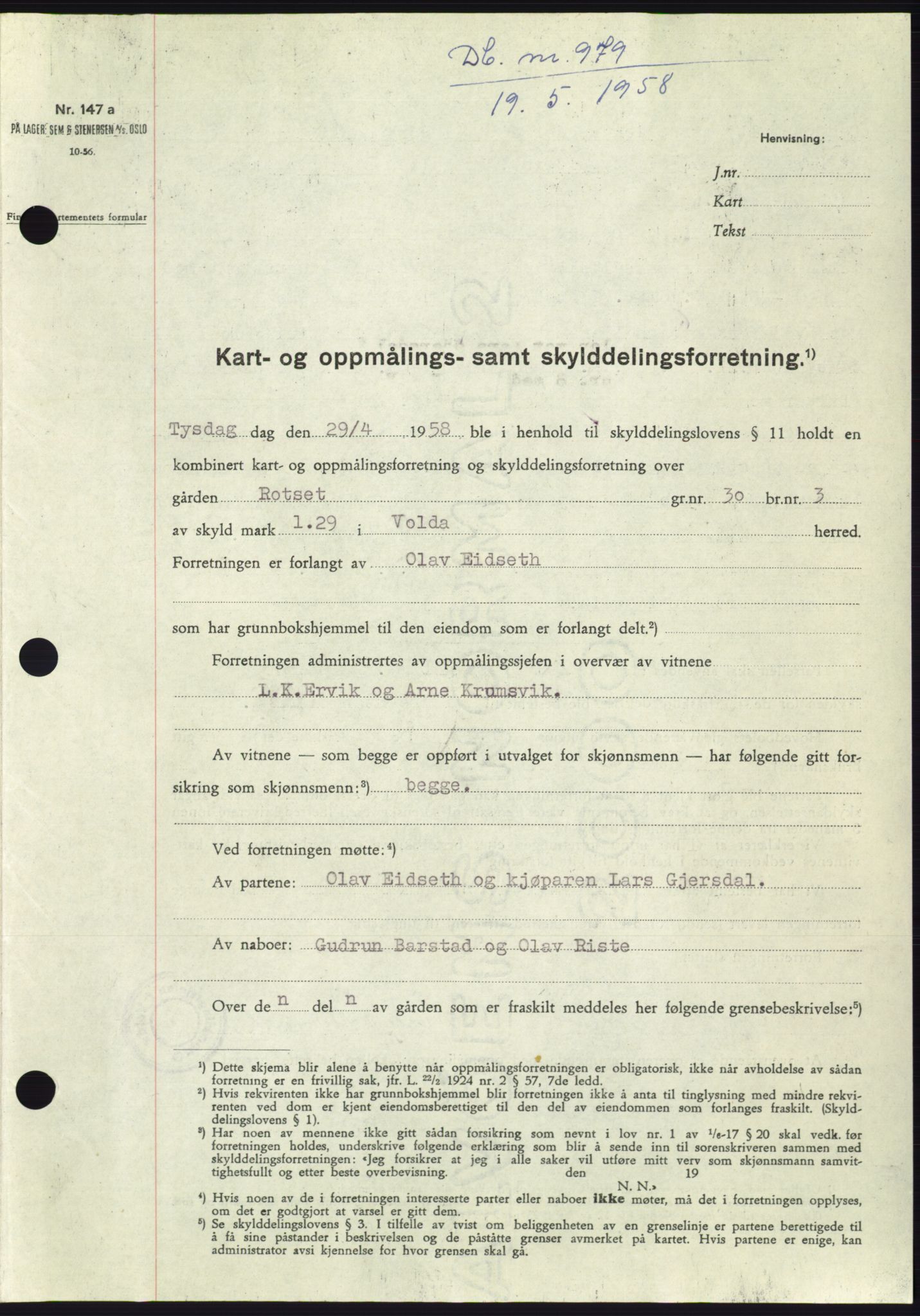Søre Sunnmøre sorenskriveri, SAT/A-4122/1/2/2C/L0109: Pantebok nr. 35A, 1958-1958, Dagboknr: 979/1958