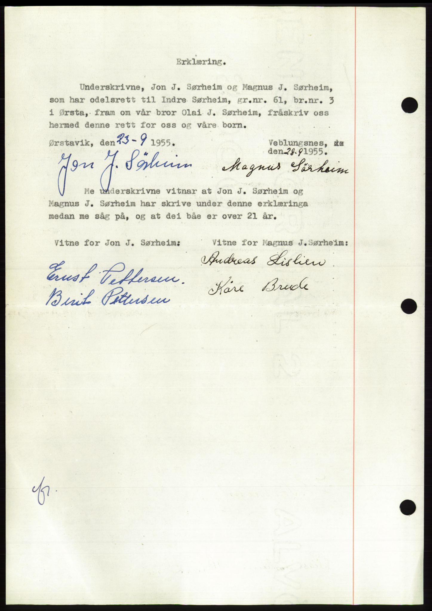 Søre Sunnmøre sorenskriveri, AV/SAT-A-4122/1/2/2C/L0102: Pantebok nr. 28A, 1955-1956, Dagboknr: 2562/1955