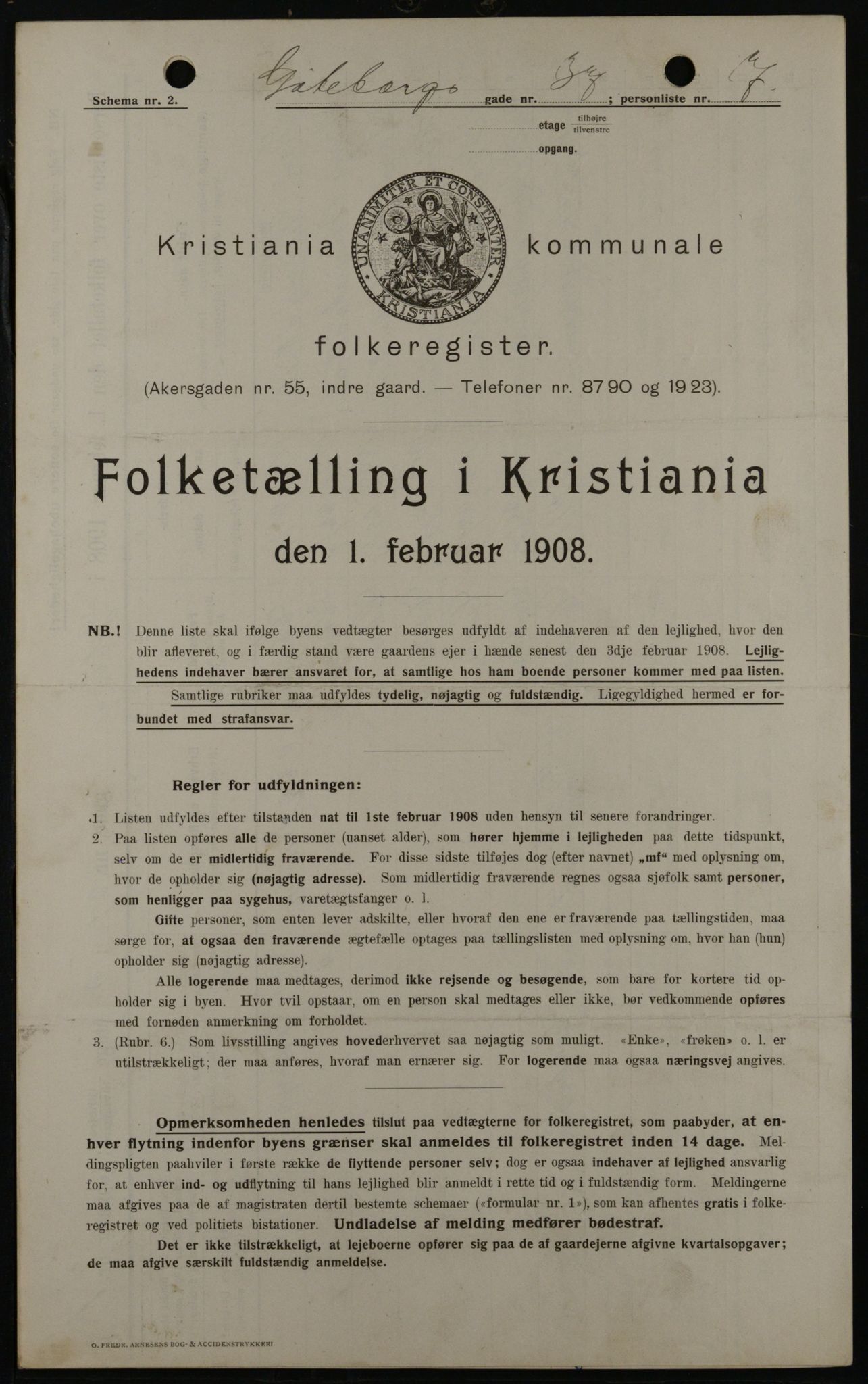 OBA, Kommunal folketelling 1.2.1908 for Kristiania kjøpstad, 1908, s. 30001