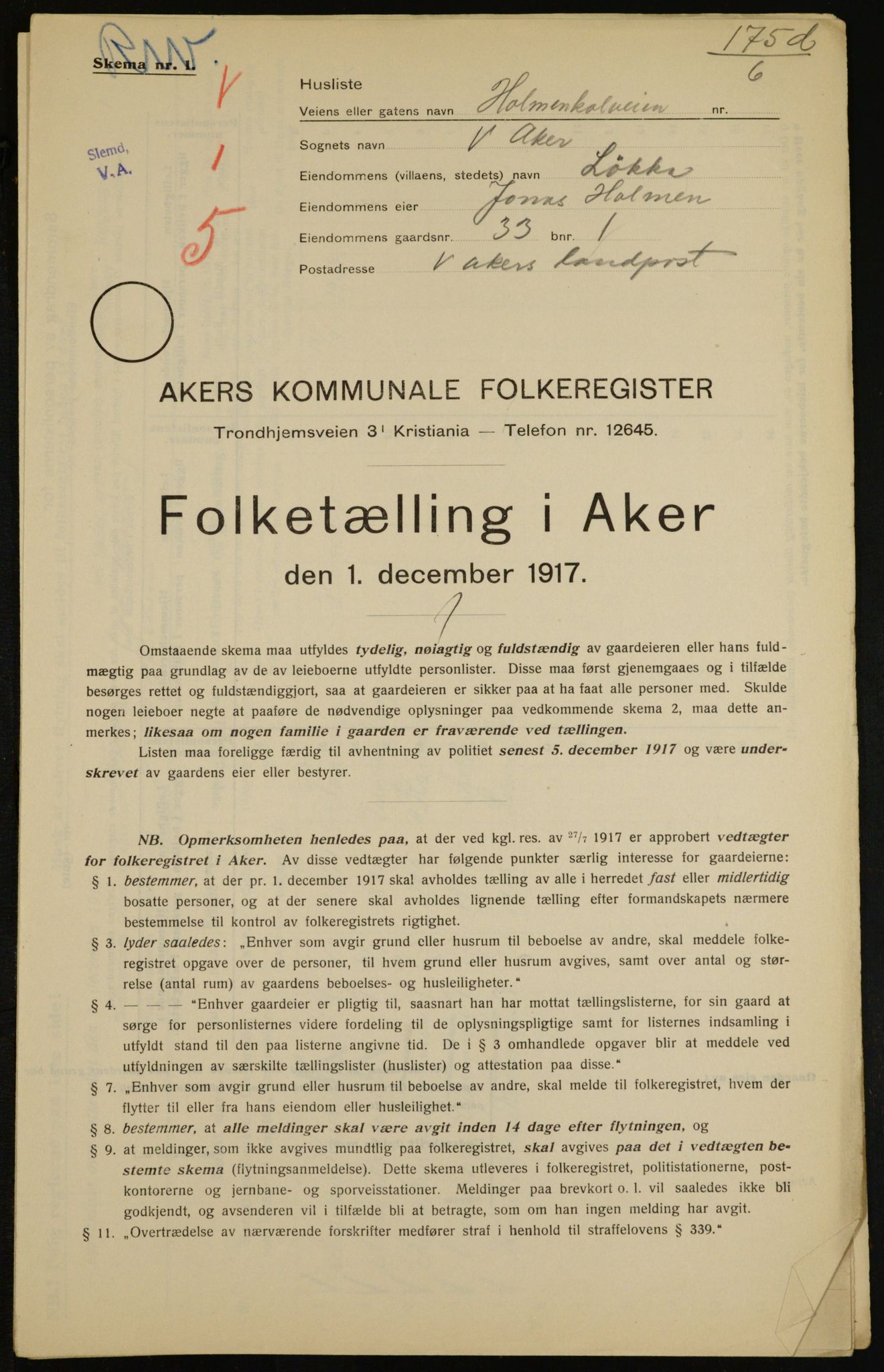 OBA, Kommunal folketelling 1.12.1917 for Aker, 1917, s. 8248