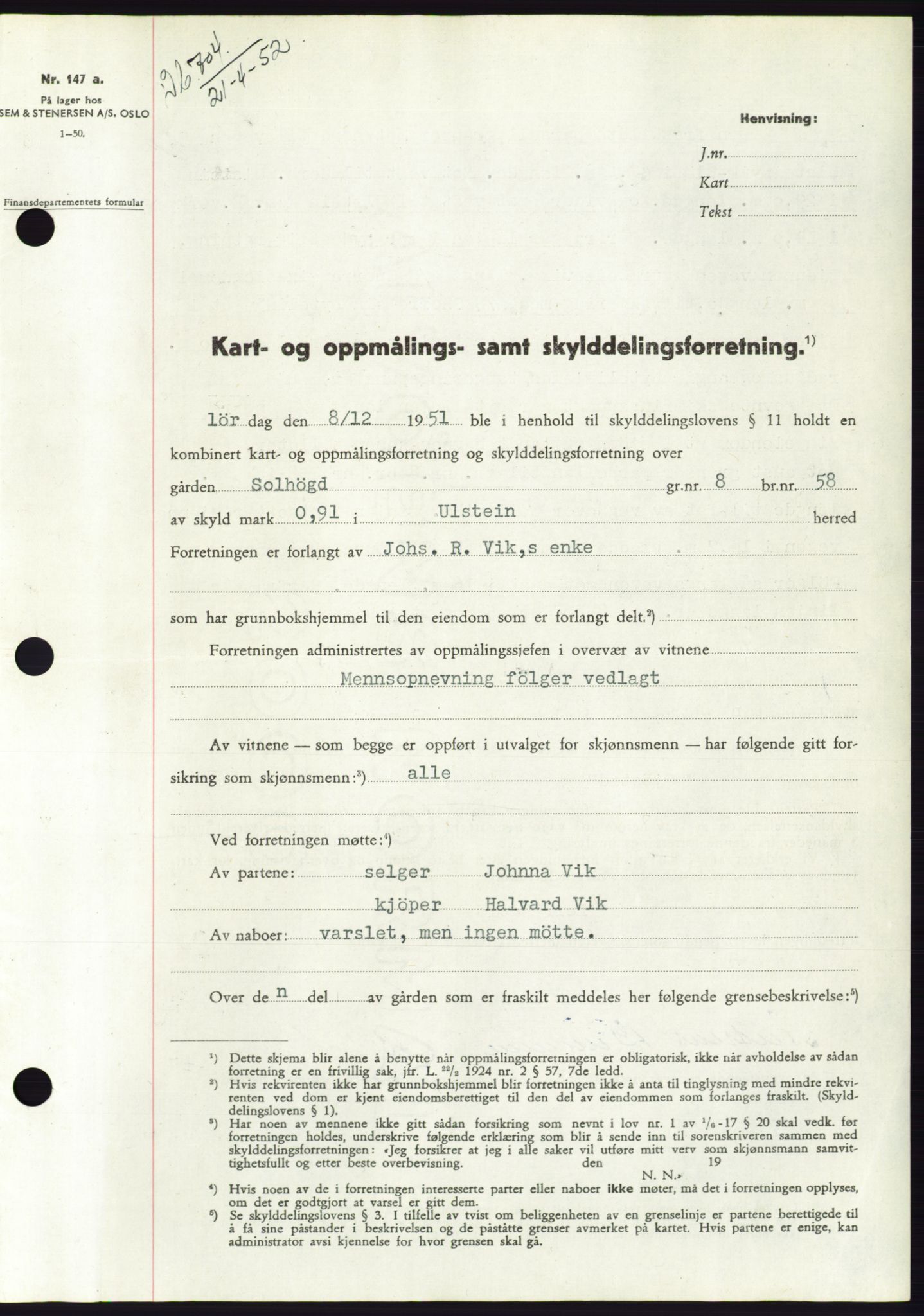 Søre Sunnmøre sorenskriveri, SAT/A-4122/1/2/2C/L0091: Pantebok nr. 17A, 1951-1952, Dagboknr: 704/1952