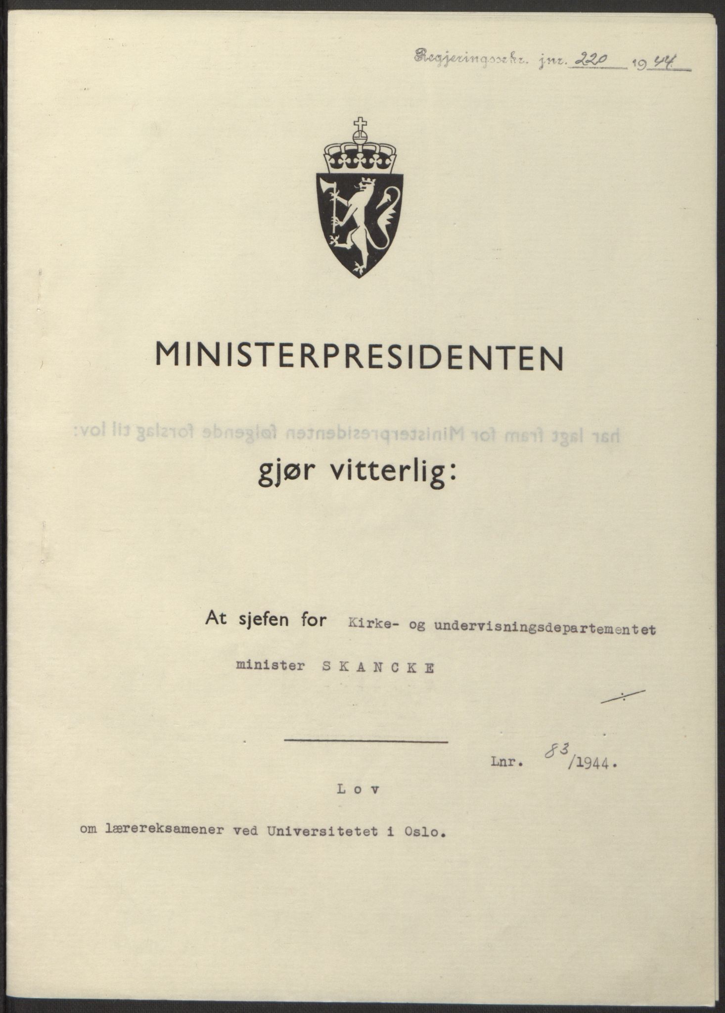 NS-administrasjonen 1940-1945 (Statsrådsekretariatet, de kommisariske statsråder mm), RA/S-4279/D/Db/L0100: Lover, 1944, s. 390